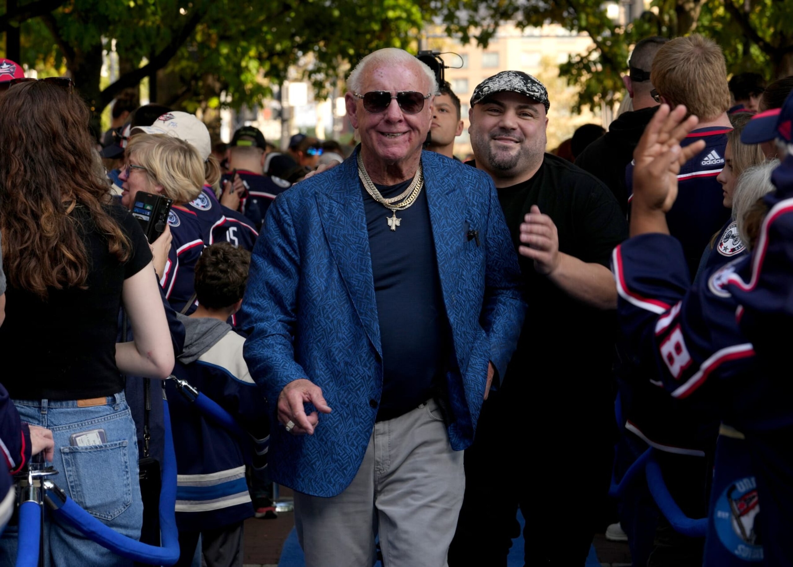 COLUMBUS, OHIO - OCTOBER 12: WWE Legend the Nature Boy Ric Flair walks the Blue Carpet before the game between the Columbus Blue Jackets and the Philadelphia Flyers at Nationwide Arena on October 12, 2023 in Columbus, Ohio. (Photo by Jason Mowry/Getty Images)