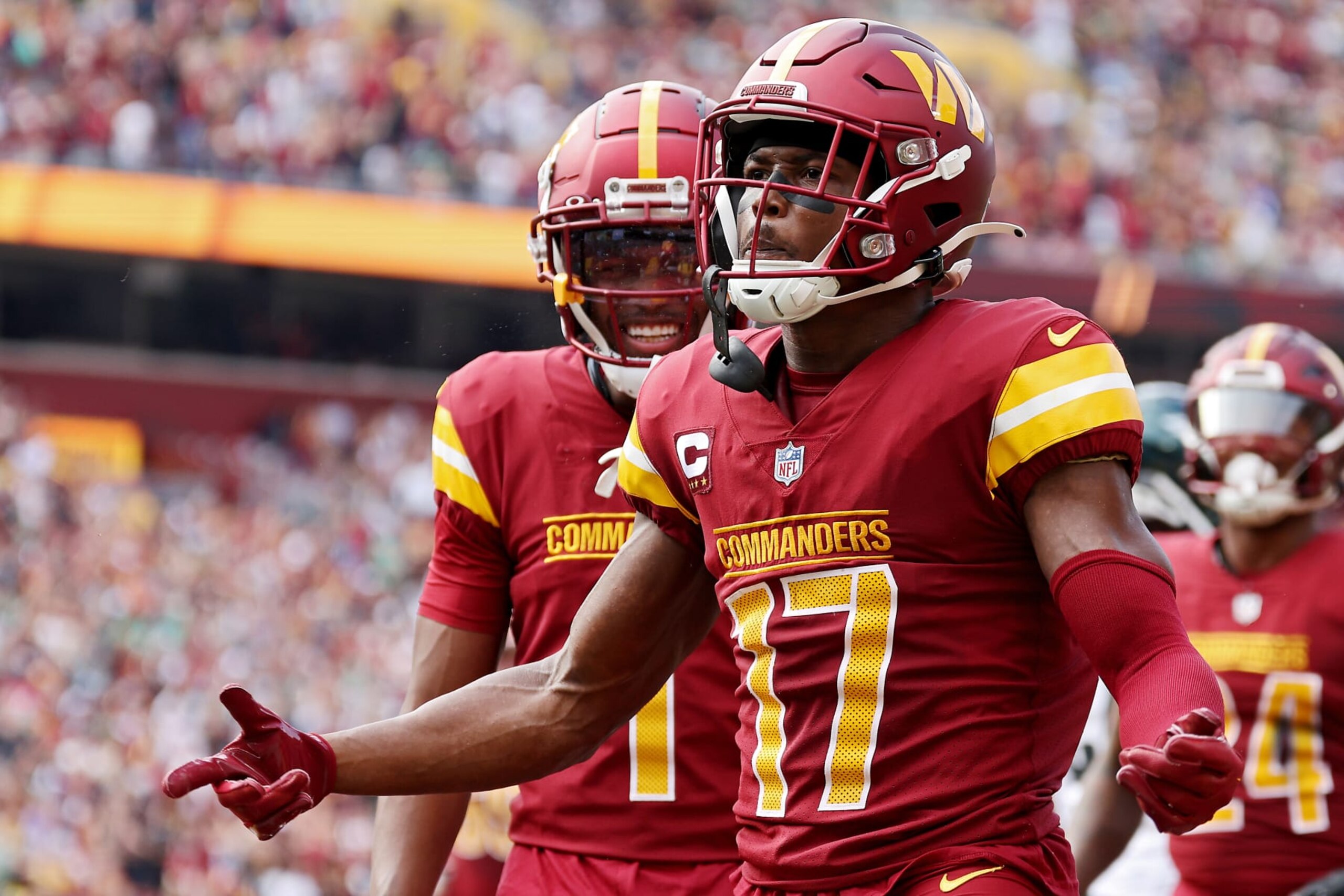 LANDOVER, MARYLAND - OCTOBER 29: Terry McLaurin #17 of the Washington Commanders celebrates a touchdown  in the first quarter of a game against the Philadelphia Eagles at FedExField on October 29, 2023 in Landover, Maryland. (Photo by Patrick Smith/Getty Images)