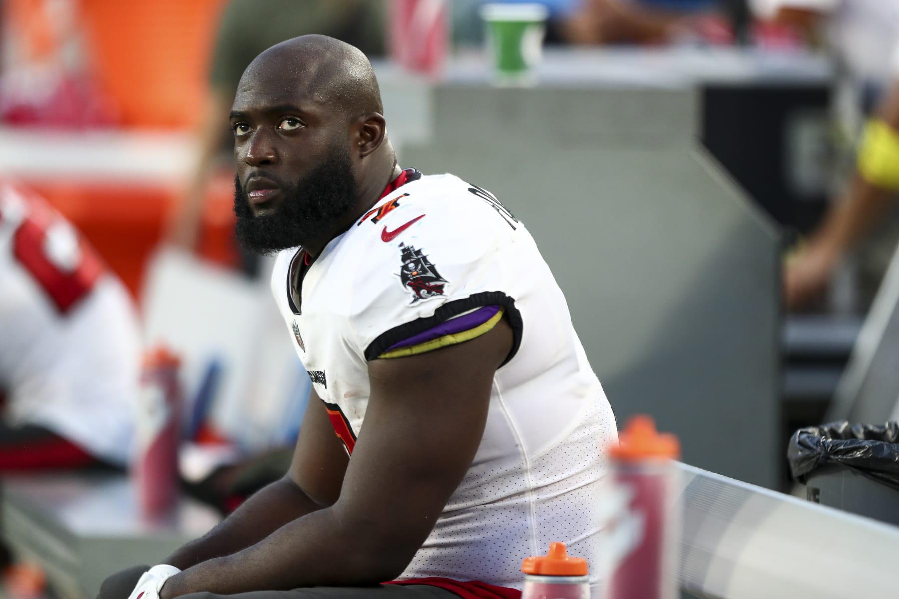 TAMPA, FL - NOVEMBER 6: Leonard Fournette #7 of the Tampa Bay Buccaneers sits on the bench during an NFL football game against the Los Angeles Rams at Raymond James Stadium on November 6, 2022 in Tampa, Florida. (Photo by Kevin Sabitus/Getty Images)