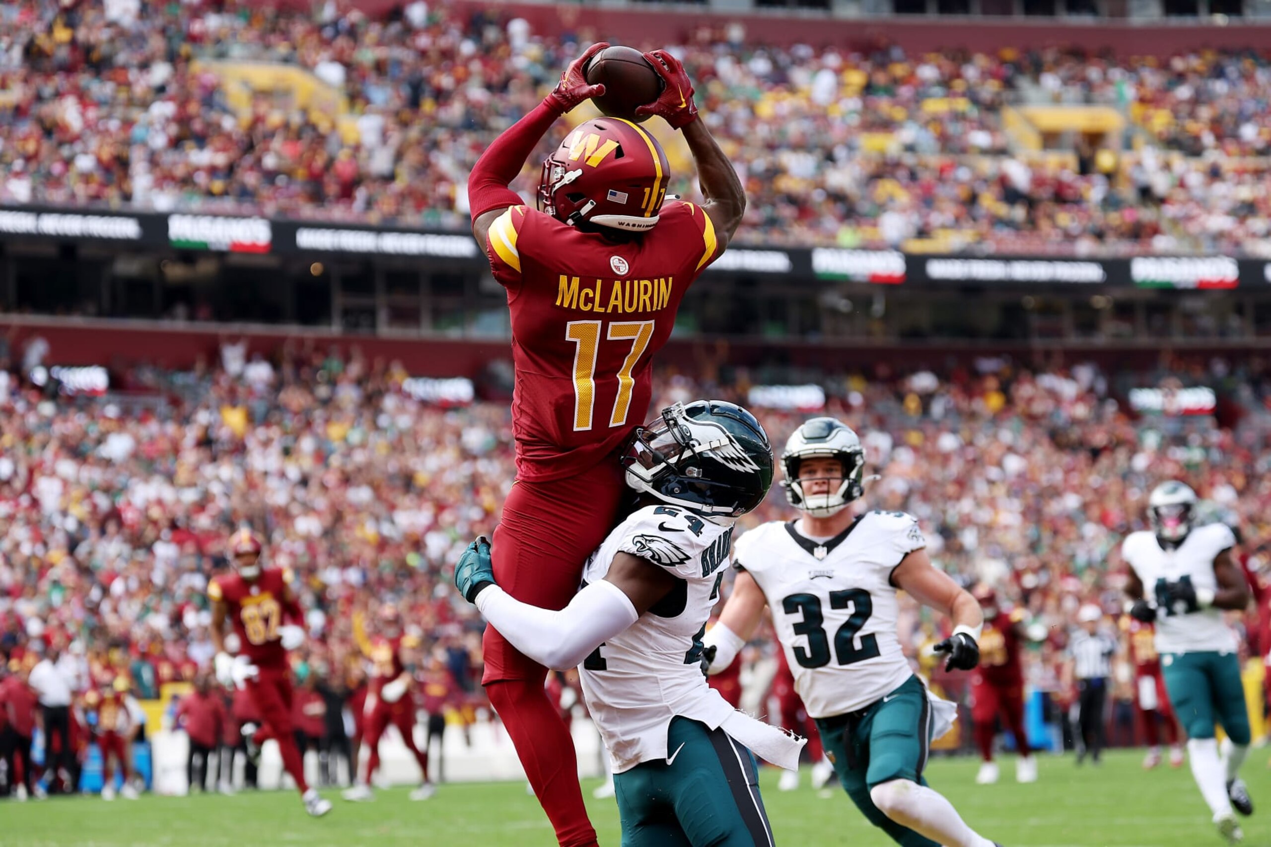 LANDOVER, MARYLAND - OCTOBER 29: Terry McLaurin #17 of the Washington Commanders scores a touchdown in the first quarter against the Philadelphia Eagles at FedExField on October 29, 2023 in Landover, Maryland. (Photo by Patrick Smith/Getty Images)