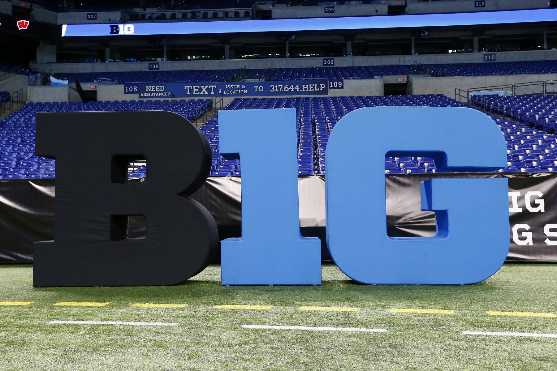 INDIANAPOLIS, IN - JULY 26: The B1G Logo on display during the Big Ten Conference Media Days on July 26, 2023 at Lucas Oil Stadium in Indianapolis, IN. (Photo by Jeffrey Brown/Icon Sportswire via Getty Images)