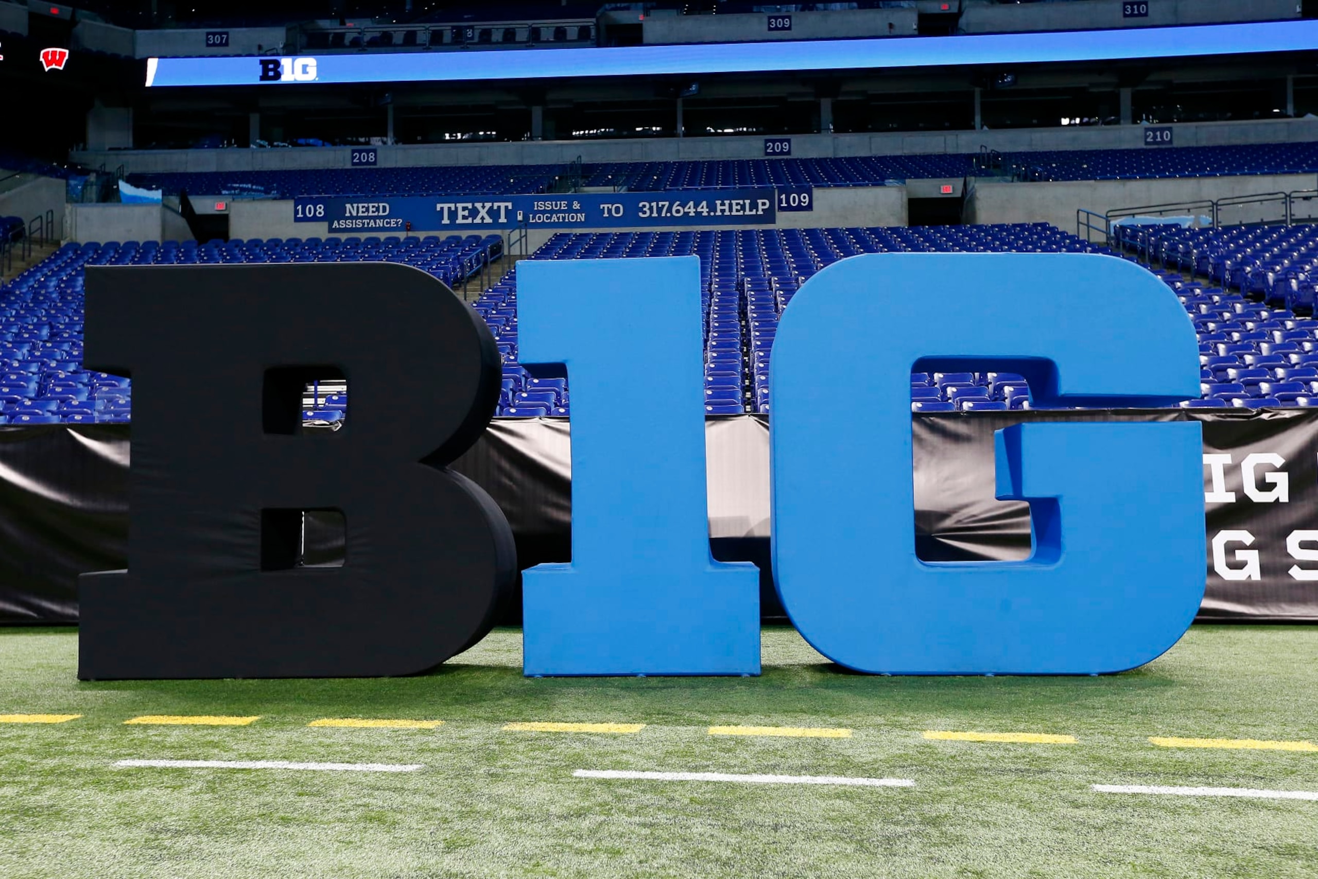 INDIANAPOLIS, IN - JULY 26: The B1G Logo on display during the Big Ten Conference Media Days on July 26, 2023 at Lucas Oil Stadium in Indianapolis, IN. (Photo by Jeffrey Brown/Icon Sportswire via Getty Images)