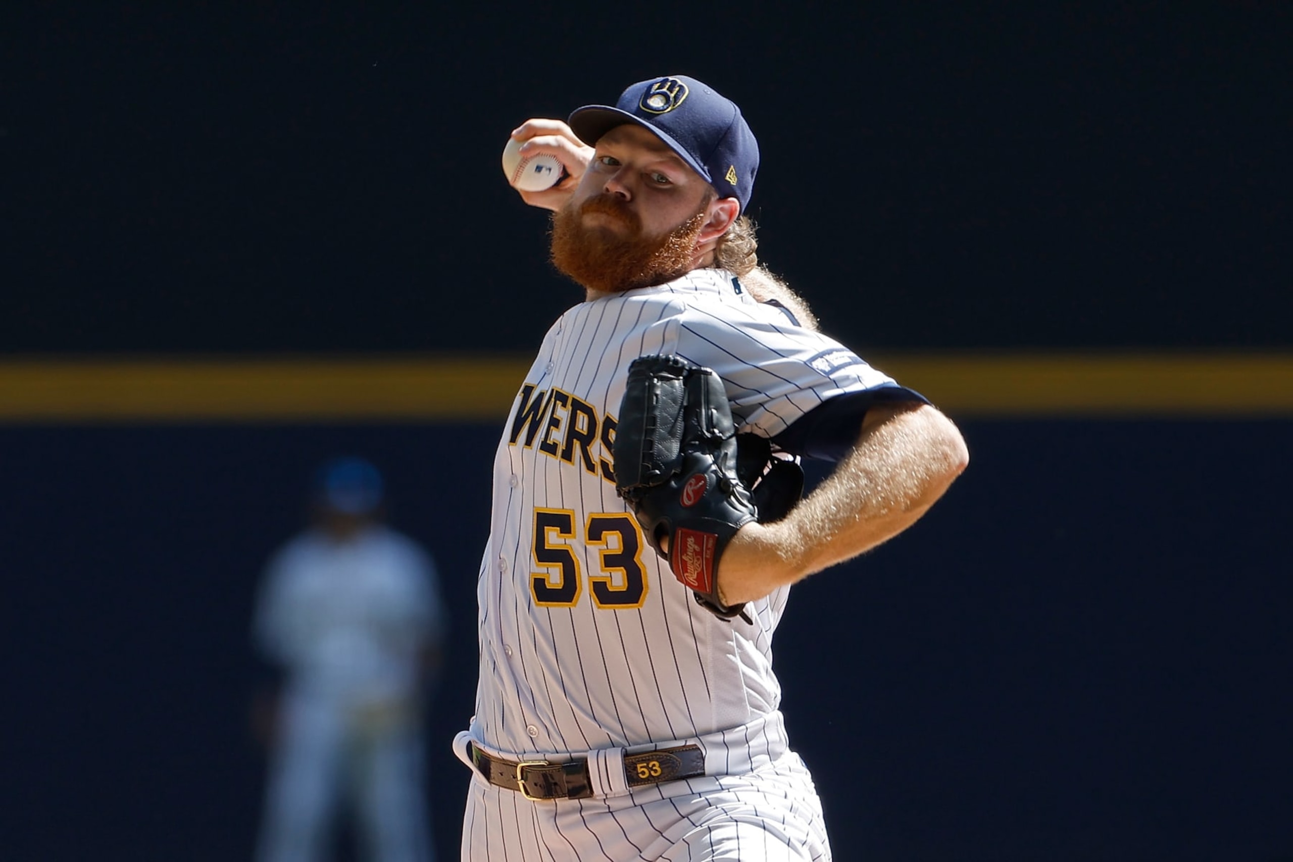 MILWAUKEE, WISCONSIN - SEPTEMBER 17: Brandon Woodruff #53 of the Milwaukee Brewers pitches in the first inning against the Washington Nationals at American Family Field on September 17, 2023 in Milwaukee, Wisconsin. (Photo by John Fisher/Getty Images)