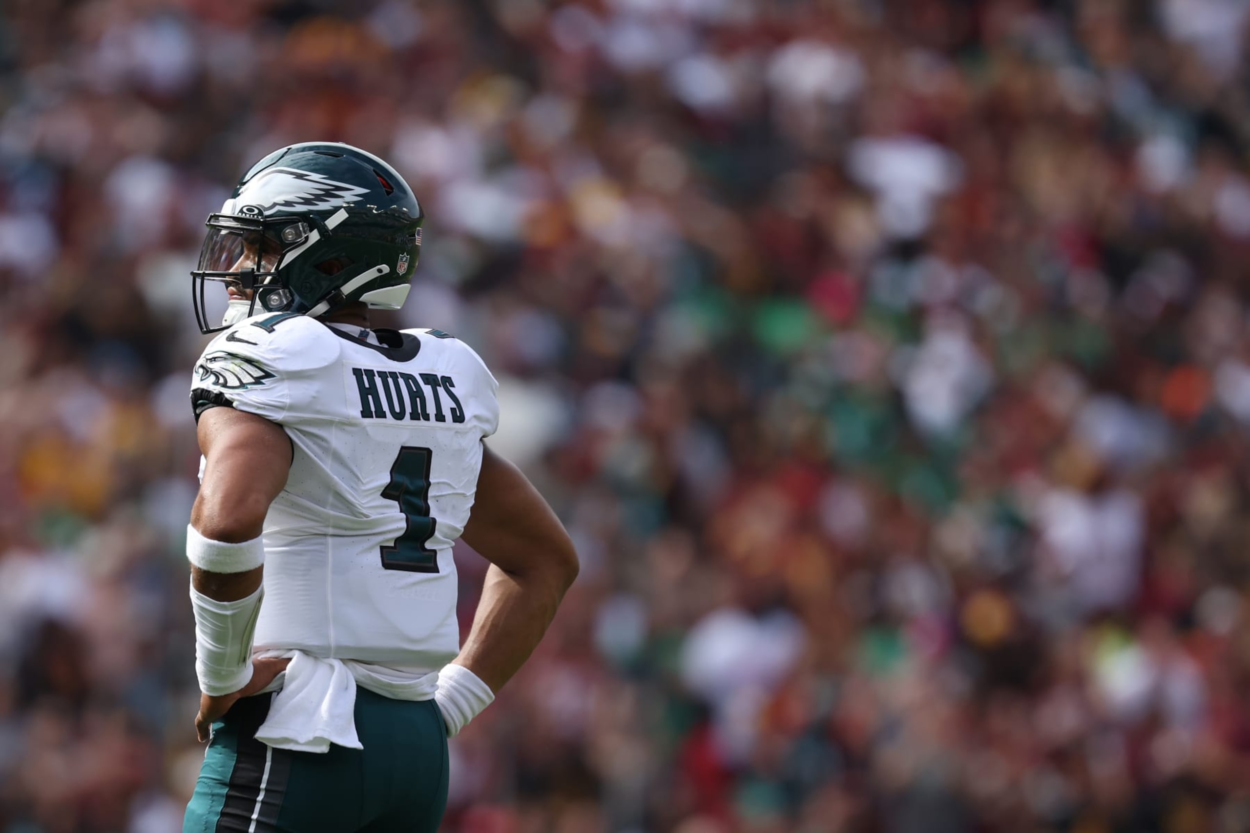 LANDOVER, MARYLAND - OCTOBER 29: Quarterback Jalen Hurts #1 of the Philadelphia Eagles looks on against the Washington Commanders at FedExField on October 29, 2023 in Landover, Maryland. (Photo by Patrick Smith/Getty Images)