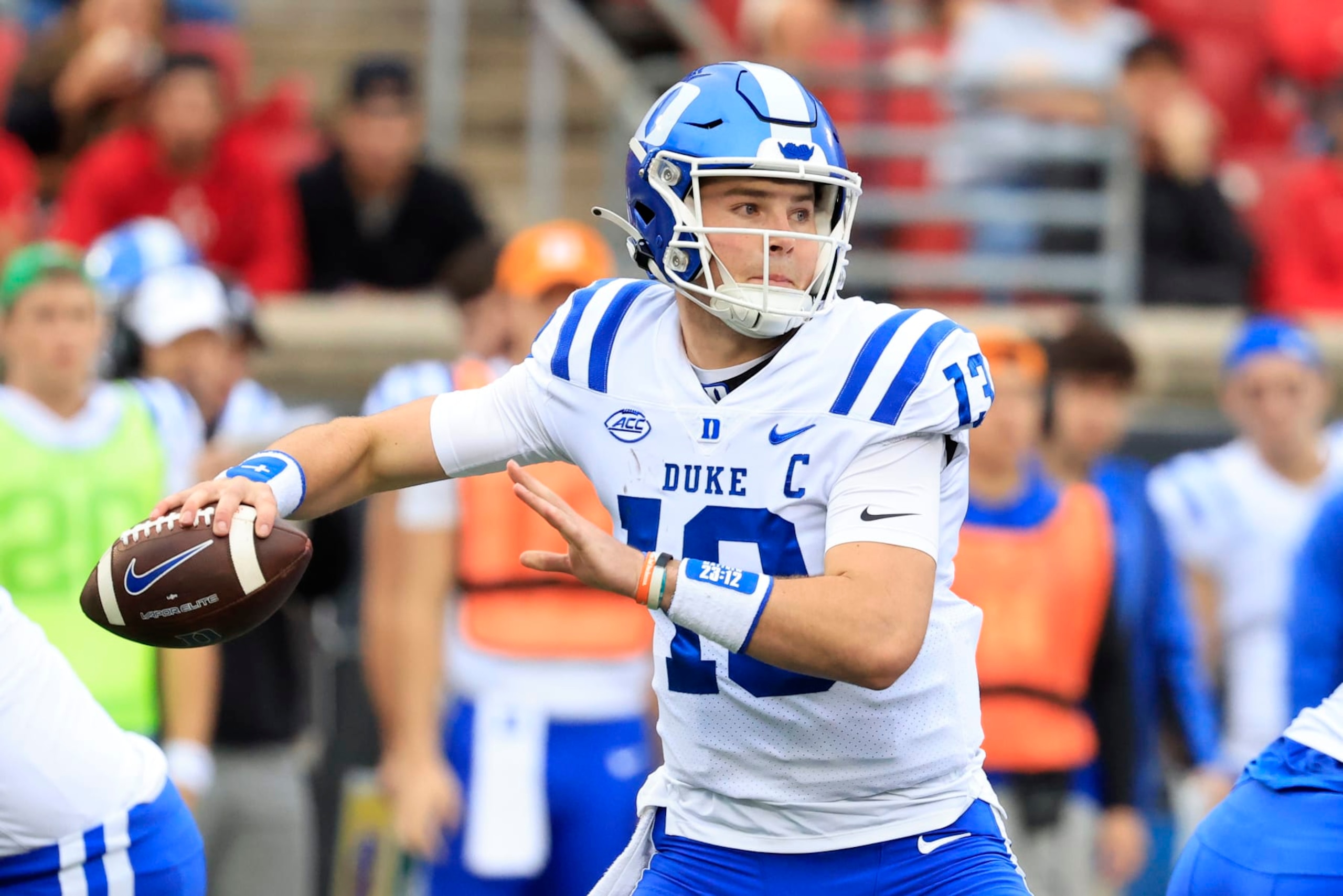 LOUISVILLE, KENTUCKY - OCTOBER 28: Riley Leonard #13 of the Duke Blue Devils throws a pass in the game against the Louisville Cardinals at Cardinal Stadium on October 28, 2023 in Louisville, Kentucky. (Photo by Justin Casterline/Getty Images)