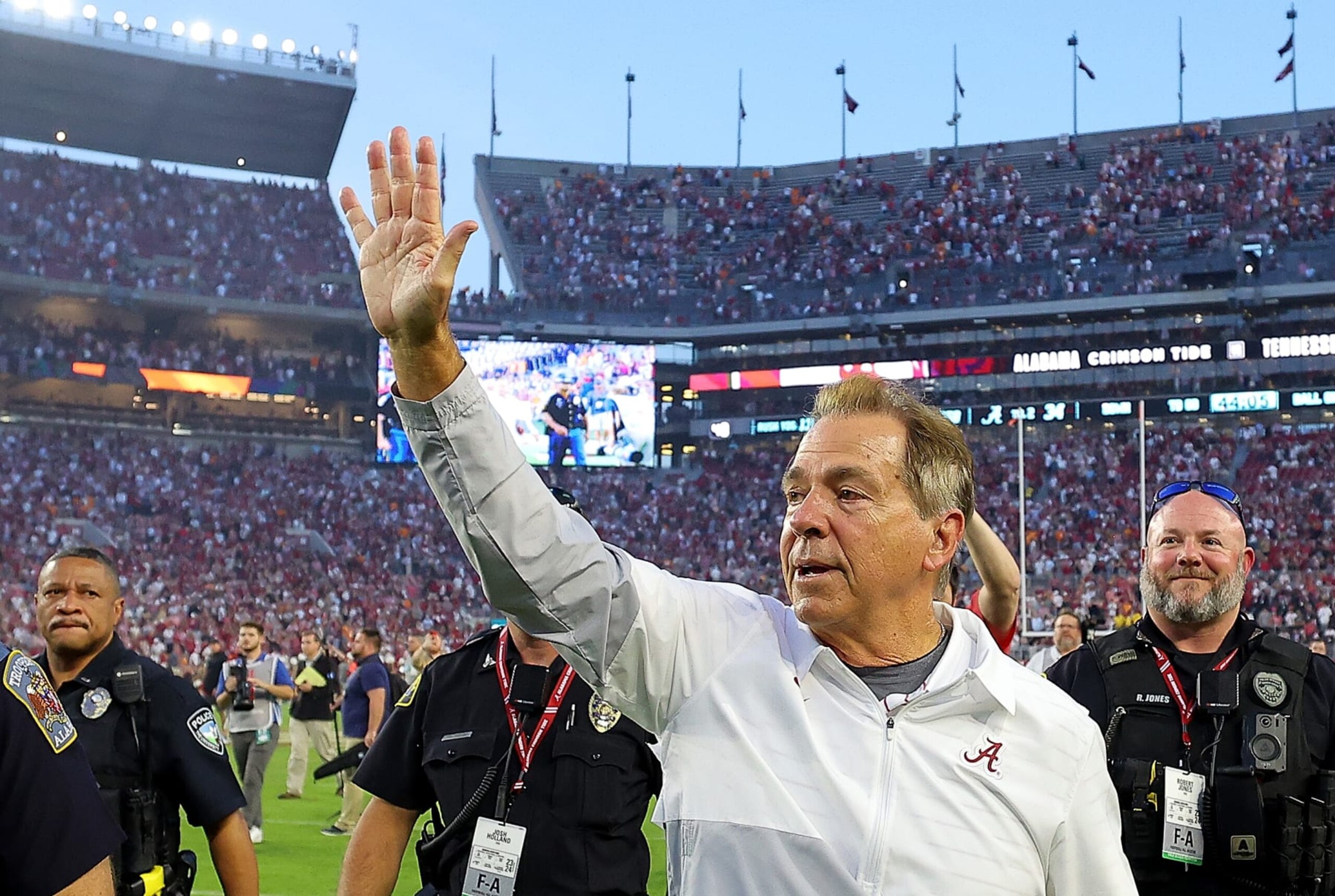 TUSCALOOSA, ALABAMA - OCTOBER 21: Head coach Nick Saban of the Alabama Crimson Tide reacts after their 34-20 win over the Tennessee Volunteers at Bryant-Denny Stadium on October 21, 2023 in Tuscaloosa, Alabama. (Photo by Kevin C. Cox/Getty Images) TUSCALOOSA, ALABAMA - OCTOBER 21: Head coach Nick Saban of the Alabama Crimson Tide reacts after their 34-20 win over the Tennessee Volunteers at Bryant-Denny Stadium on October 21, 2023 in Tuscaloosa, Alabama. (Photo by Kevin C. Cox/Getty Images)