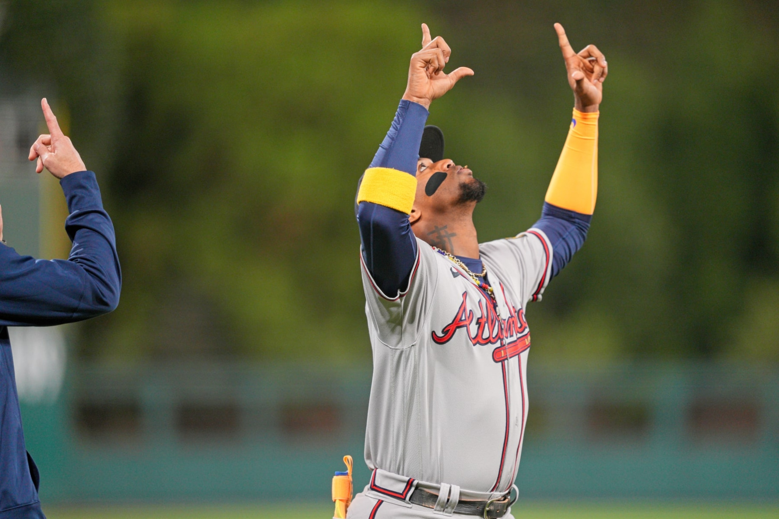 PHILADELPHIA, PA - OCTOBER 12: Atlanta Braves right fielder Ronald Acuna Jr. (13) looks on during game four of the NLDS game between the Atlanta Braves and the Philadelphia Phillies on October 12, 2023, at Citizens Bank Park. (Photo by Andy Lewis/Icon Sportswire via Getty Images) PHILADELPHIA, PA - OCTOBER 12: Atlanta Braves right fielder Ronald Acuna Jr. (13) looks on during game four of the NLDS game between the Atlanta Braves and the Philadelphia Phillies on October 12, 2023, at Citizens Bank Park. (Photo by Andy Lewis/Icon Sportswire via Getty Images)