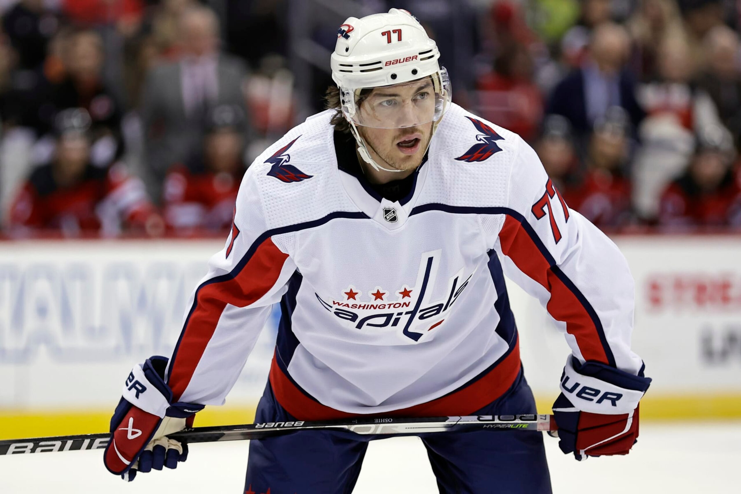 Washington Capitals right wing T.J. Oshie (77) in action against the New Jersey Devils during the first period of an NHL hockey game Wednesday, Oct. 25, 2023, in Newark, N.J. (AP Photo/Adam Hunger)