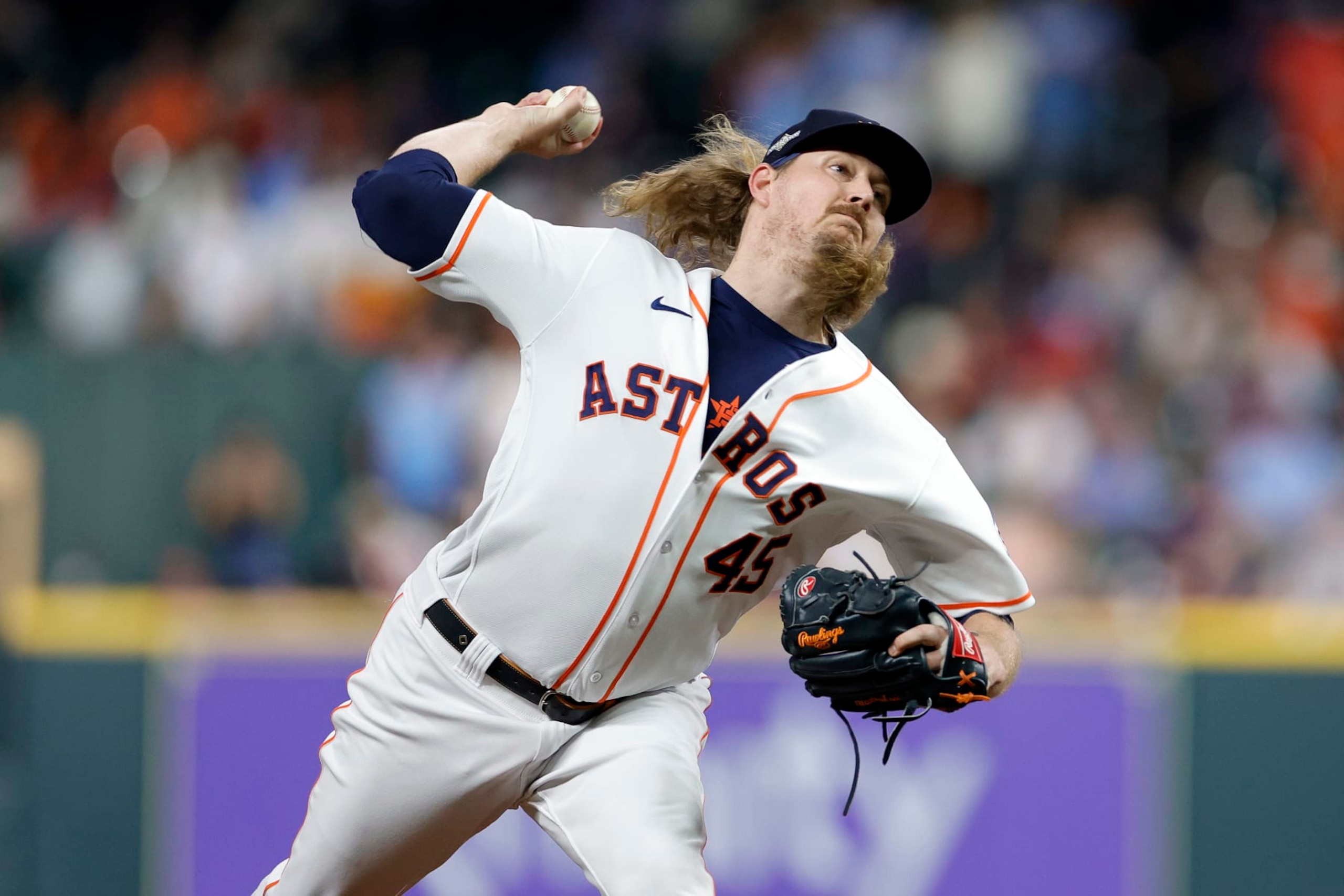 HOUSTON, TEXAS - OCTOBER 23: Ryne Stanek #45 of the Houston Astros throws a pitch against the Texas Rangers during the ninth inning in Game Seven of the American League Championship Series at Minute Maid Park on October 23, 2023 in Houston, Texas. (Photo by Carmen Mandato/Getty Images)