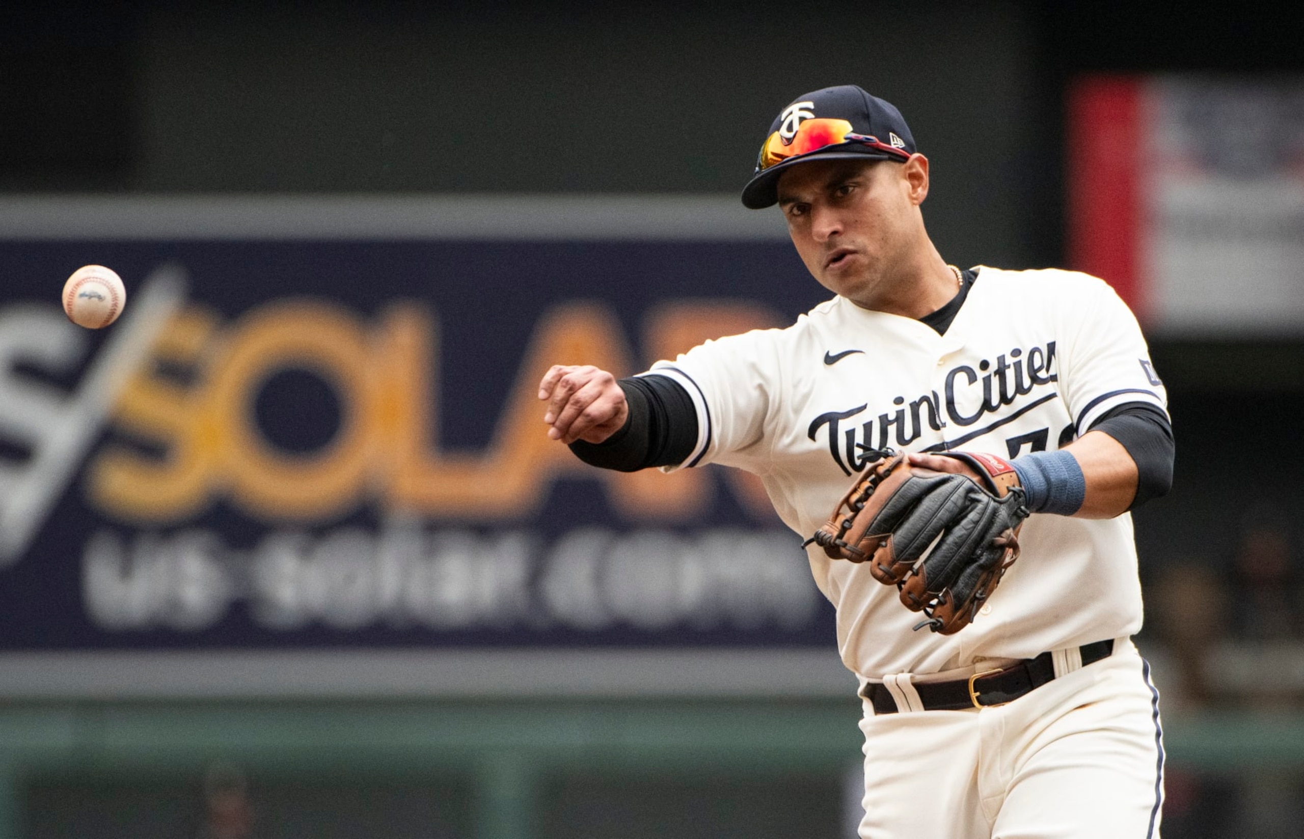 MINNEAPOLIS, MINNESOTA - SEPTEMBER 28: Donovan Solano #39 of the Minnesota Twins throws the ball to first in the fourth inning of the game against the Oakland Athletics at Target Field on September 28, 2023 in Minneapolis, Minnesota. (Photo by Stephen Maturen/Getty Images)