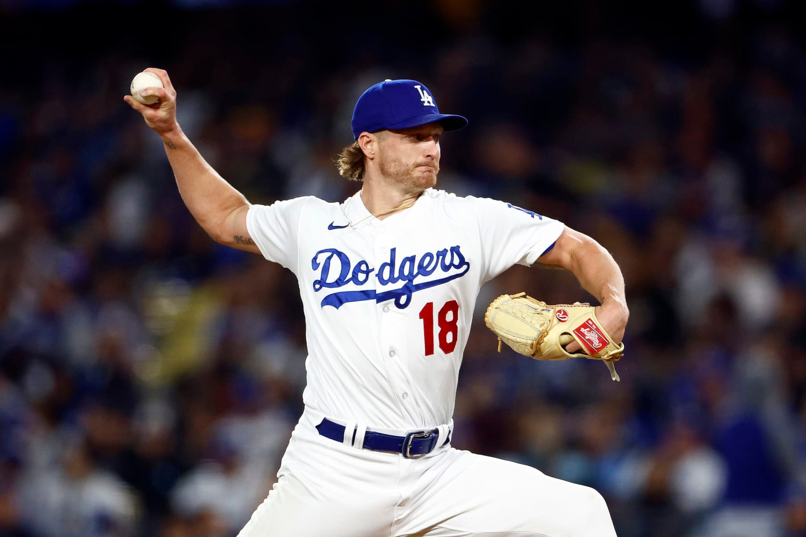 LOS ANGELES, CALIFORNIA - JUNE 15:  Shelby Miller #18 of the Los Angeles Dodgers throws against the Chicago White Sox in the sixth inning at Dodger Stadium on June 15, 2023 in Los Angeles, California. (Photo by Ronald Martinez/Getty Images)