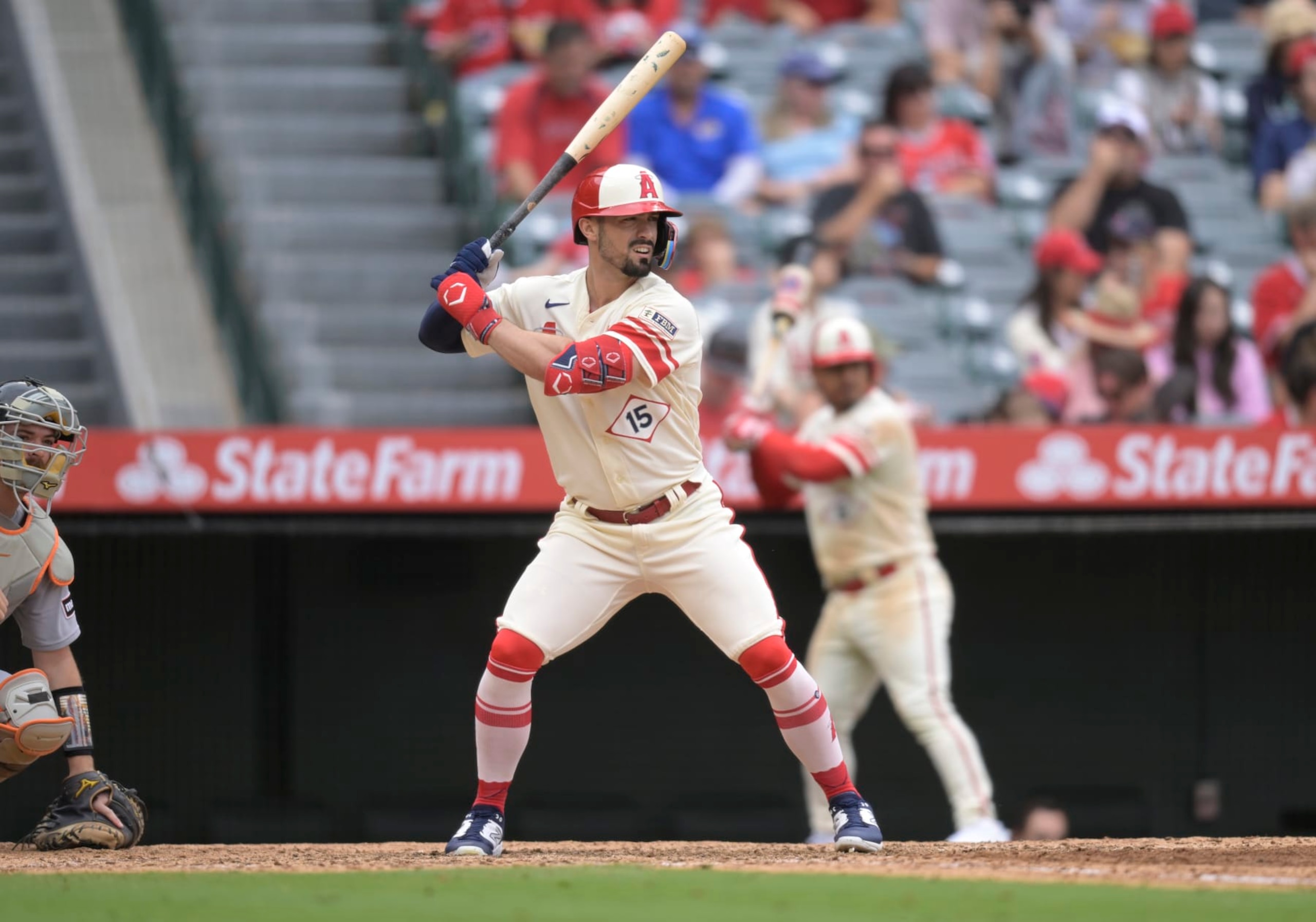 ANAHEIM, CALIFORNIA - SEPTEMBER 17: Randal Grichuk #15 of the Los Angeles Angels at bat against the Detroit Tigers at Angel Stadium of Anaheim on September 17, 2023 in Anaheim, California. (Photo by John McCoy/Getty Images)