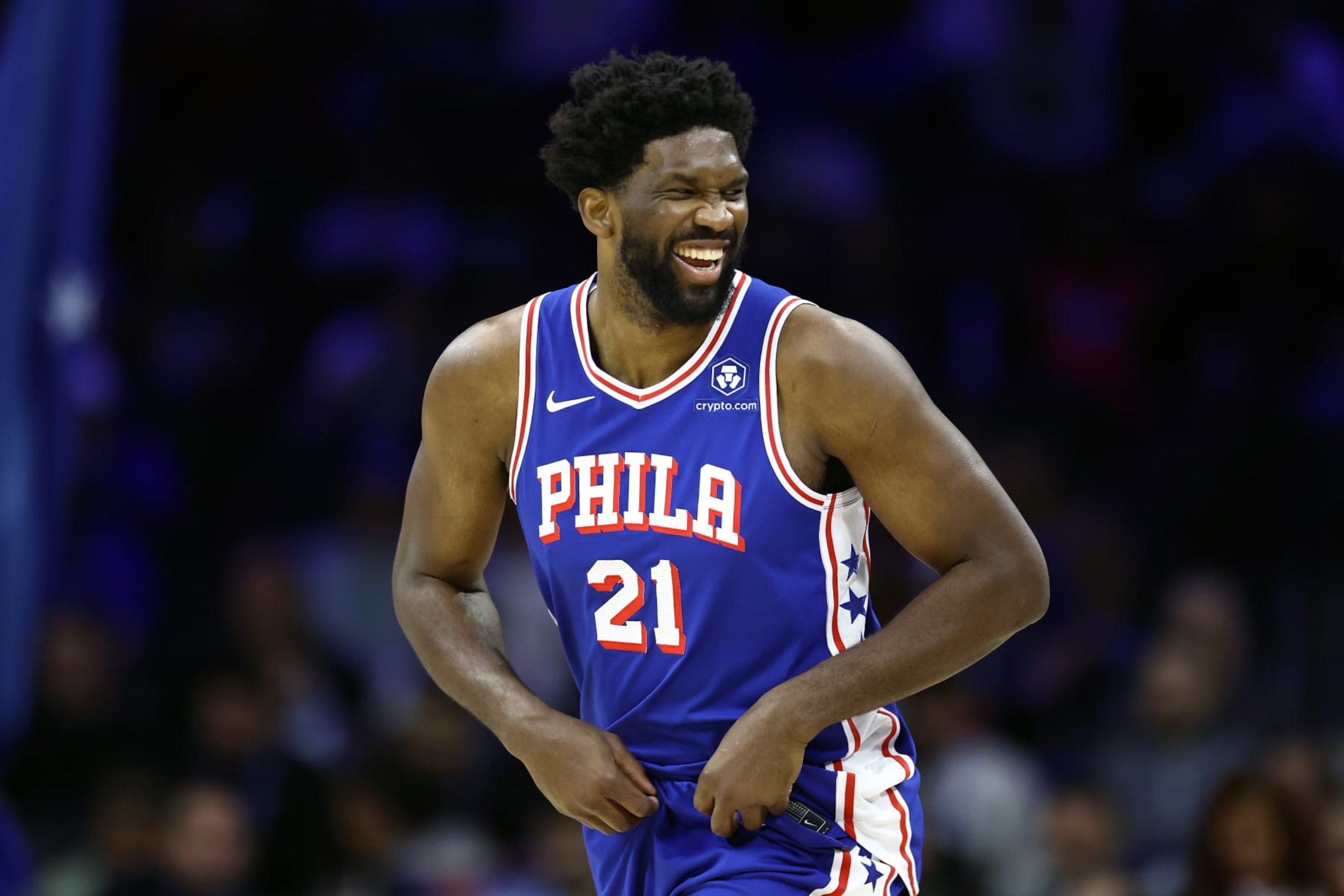 PHILADELPHIA, PENNSYLVANIA - NOVEMBER 02: Joel Embiid #21 of the Philadelphia 76ers looks on before playing against the Toronto Raptors at the Wells Fargo Center on November 02, 2023 in Philadelphia, Pennsylvania. NOTE TO USER: User expressly acknowledges and agrees that, by downloading and or using this photograph, User is consenting to the terms and conditions of the Getty Images License Agreement. (Photo by Tim Nwachukwu/Getty Images)