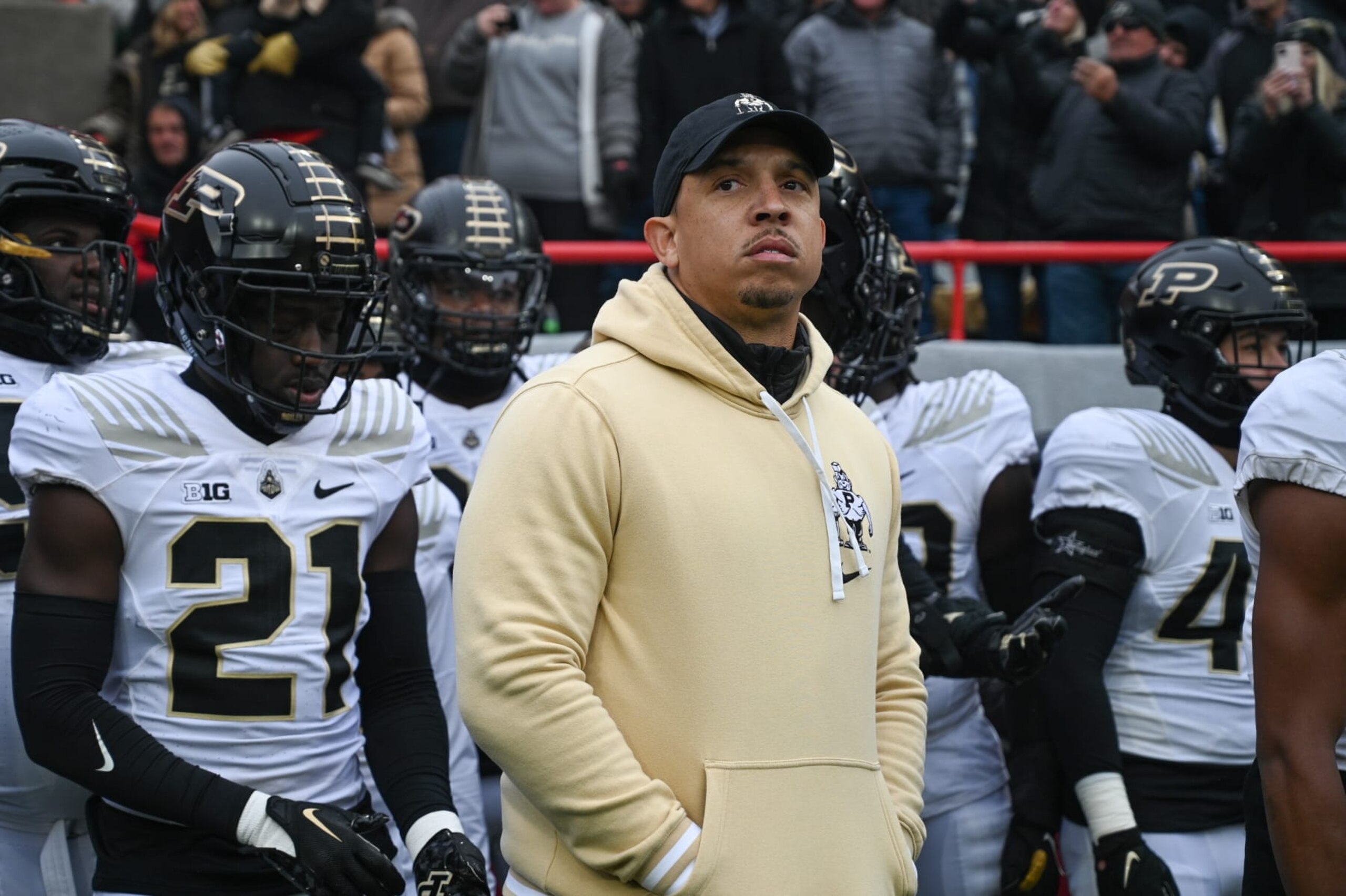 LINCOLN, NEBRASKA - OCTOBER 28: Head coach Ryan Walters of the Purdue Boilermakers waits with the team to take the field against the Nebraska Cornhuskers at Memorial Stadium on October 28, 2023 in Lincoln, Nebraska. (Photo by Steven Branscombe/Getty Images)