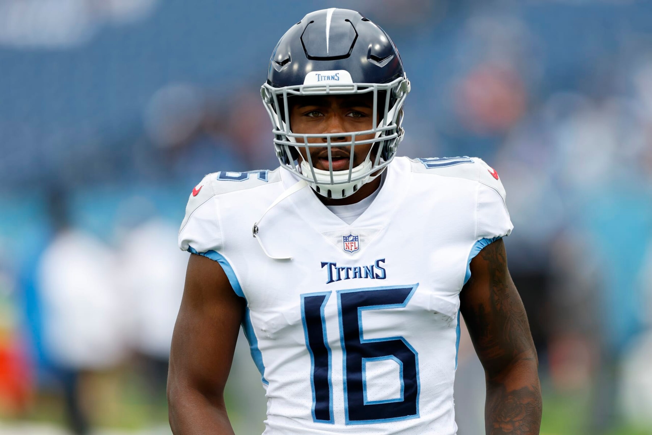 NASHVILLE, TENNESSEE - SEPTEMBER 17: Treylon Burks #16 of the Tennessee Titans looks on prior to a game against the Los Angeles Chargers at Nissan Stadium on September 17, 2023 in Nashville, Tennessee. (Photo by Wesley Hitt/Getty Images)