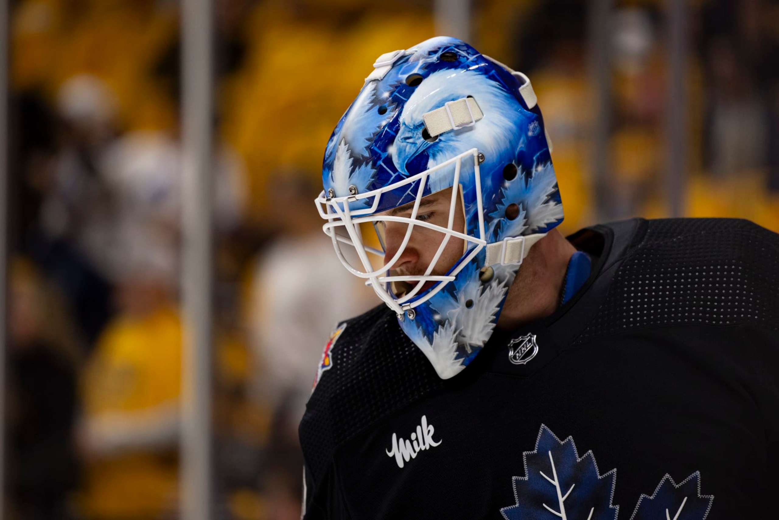 NASHVILLE, TENNESSEE - OCTOBER 28:  Joseph Woll #60 of the Toronto Maple Leafs warms up before a game against the Nashville Predators at Bridgestone Arena on October 28, 2023 in Nashville, Tennessee. (Photo by Brett Carlsen/Getty Images)