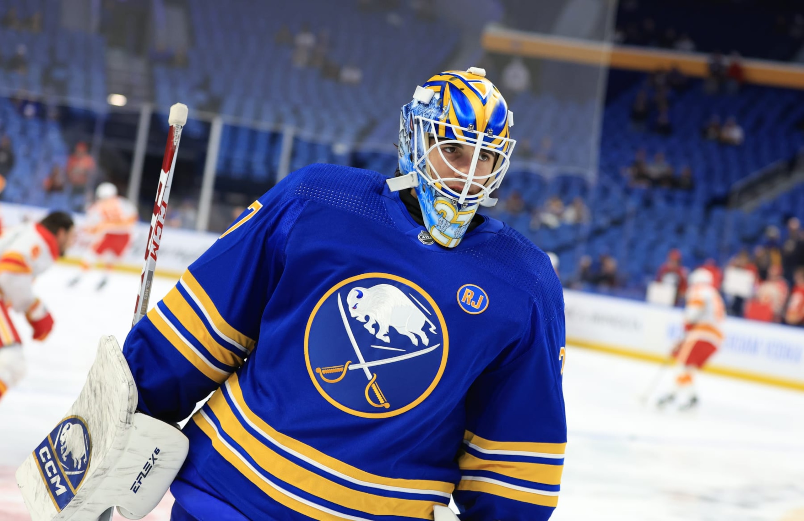 BUFFALO, NEW YORK - OCTOBER 19: Devon Levi #27 of the Buffalo Sabres warms up prior to an NHL game against the Calgary Flames on October 19, 2023 at KeyBank Center in Buffalo, New York. (Photo by Bill Wippert/NHLI via Getty Images)