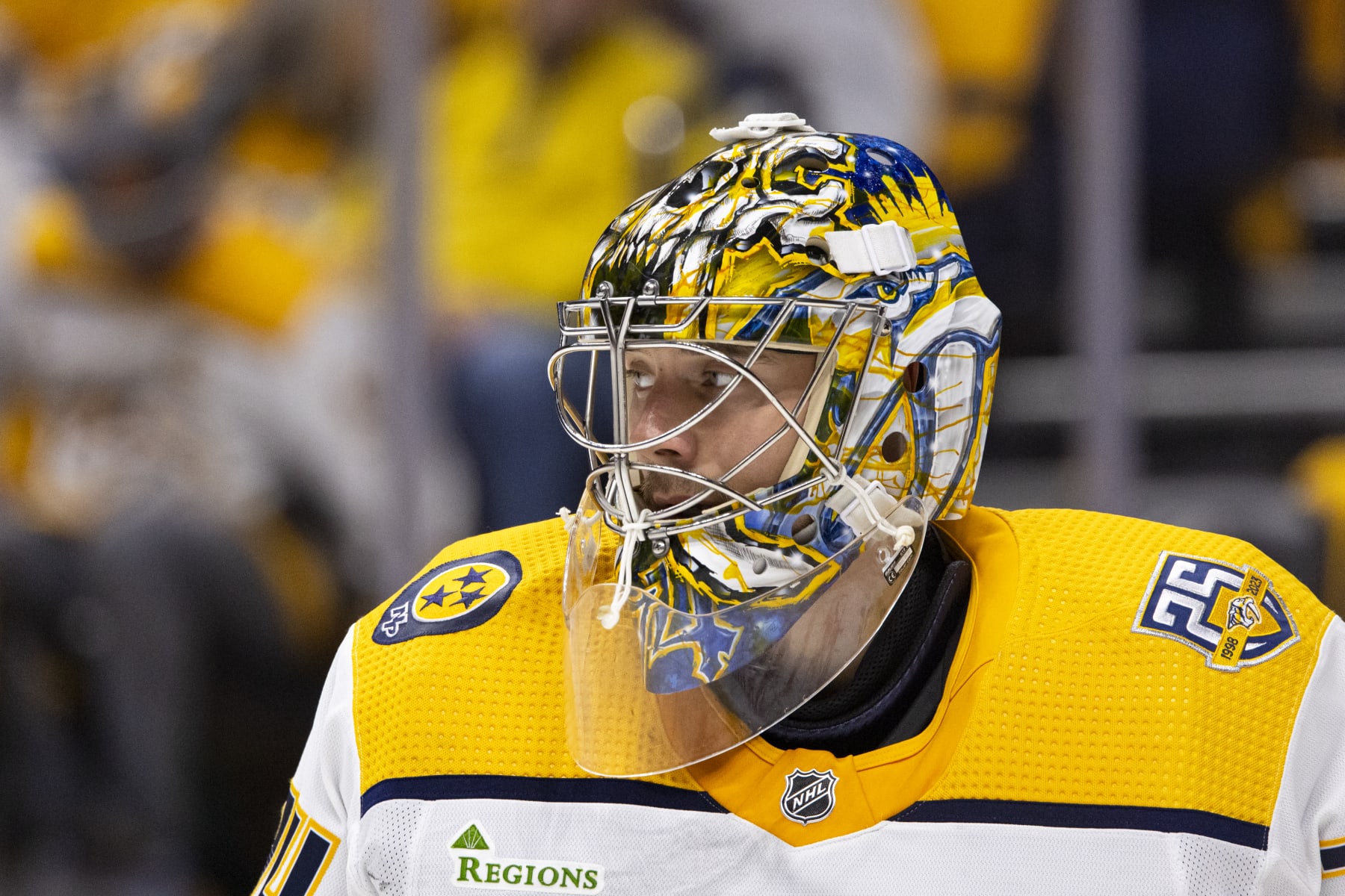 NASHVILLE, TENNESSEE - OCTOBER 28:  Juuse Saros #74 of the Nashville Predators tends net against the Toronto Maple Leafs during the second period at Bridgestone Arena on October 28, 2023 in Nashville, Tennessee. (Photo by Brett Carlsen/Getty Images)