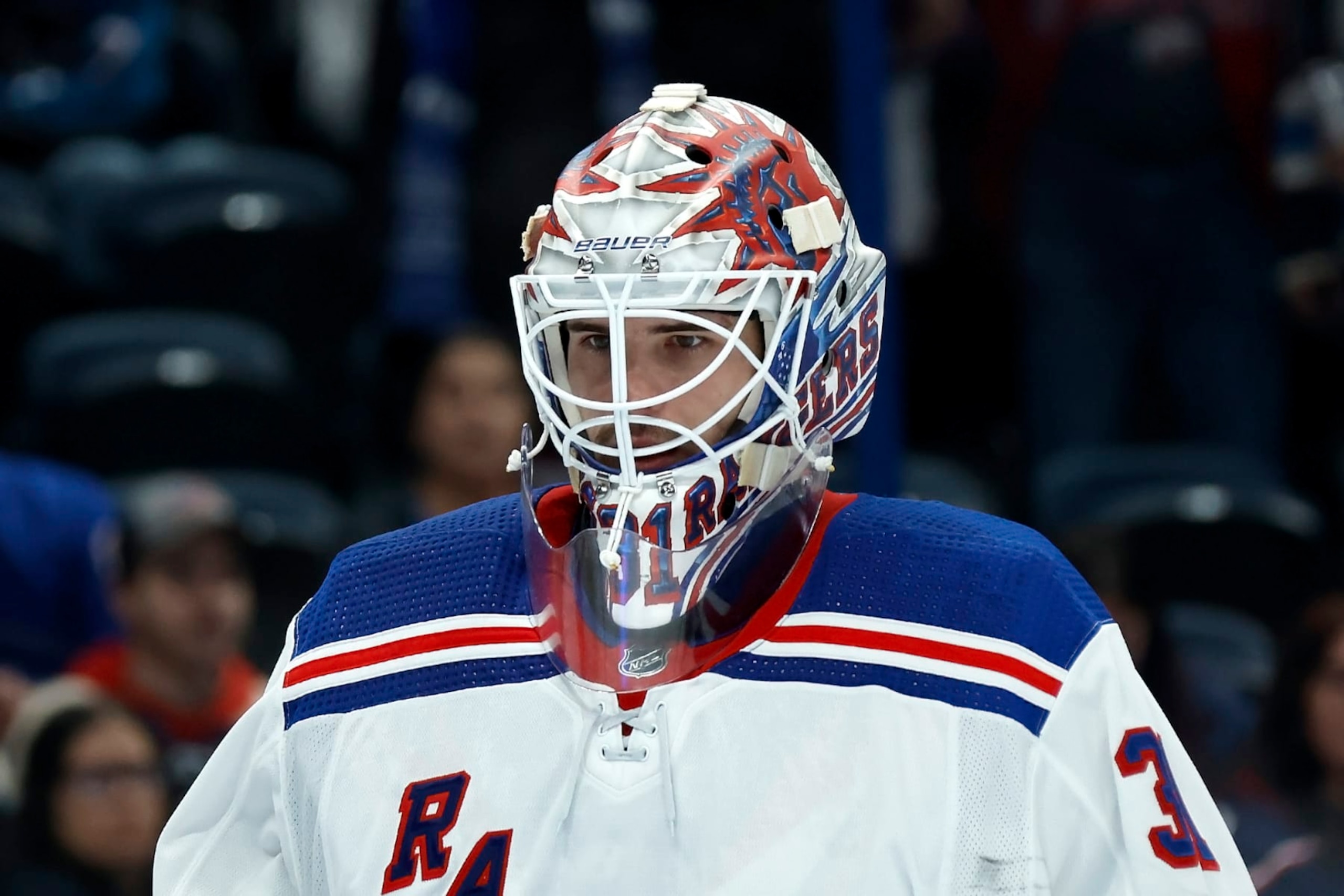 COLUMBUS, OHIO - OCTOBER 14:  Igor Shesterkin #31 of the New York Rangers stakes on the ice during the game against the Columbus Blue Jackets at Nationwide Arena on October 14, 2023 in Columbus, Ohio. (Photo by Kirk Irwin/Getty Images)
