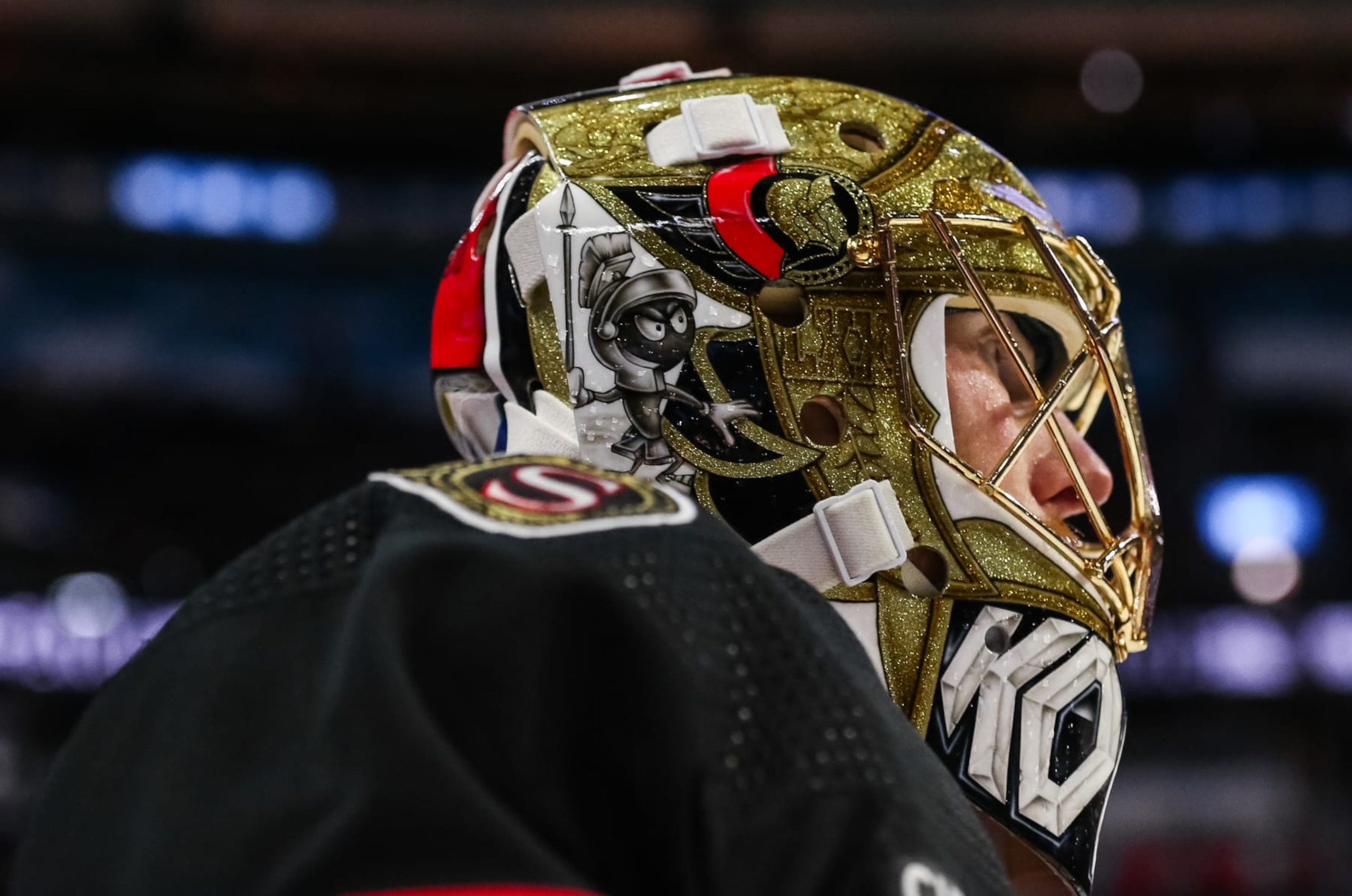 OTTAWA, CANADA - OCTOBER 21: A detail view of Joonas Korpisalo #70 of the Ottawa Senators mask during a game against the Detroit Red Wings at Canadian Tire Centre on October 21, 2023 in Ottawa, Ontario, Canada. (Photo by Chris Tanouye/Freestyle Photography/Getty Images)