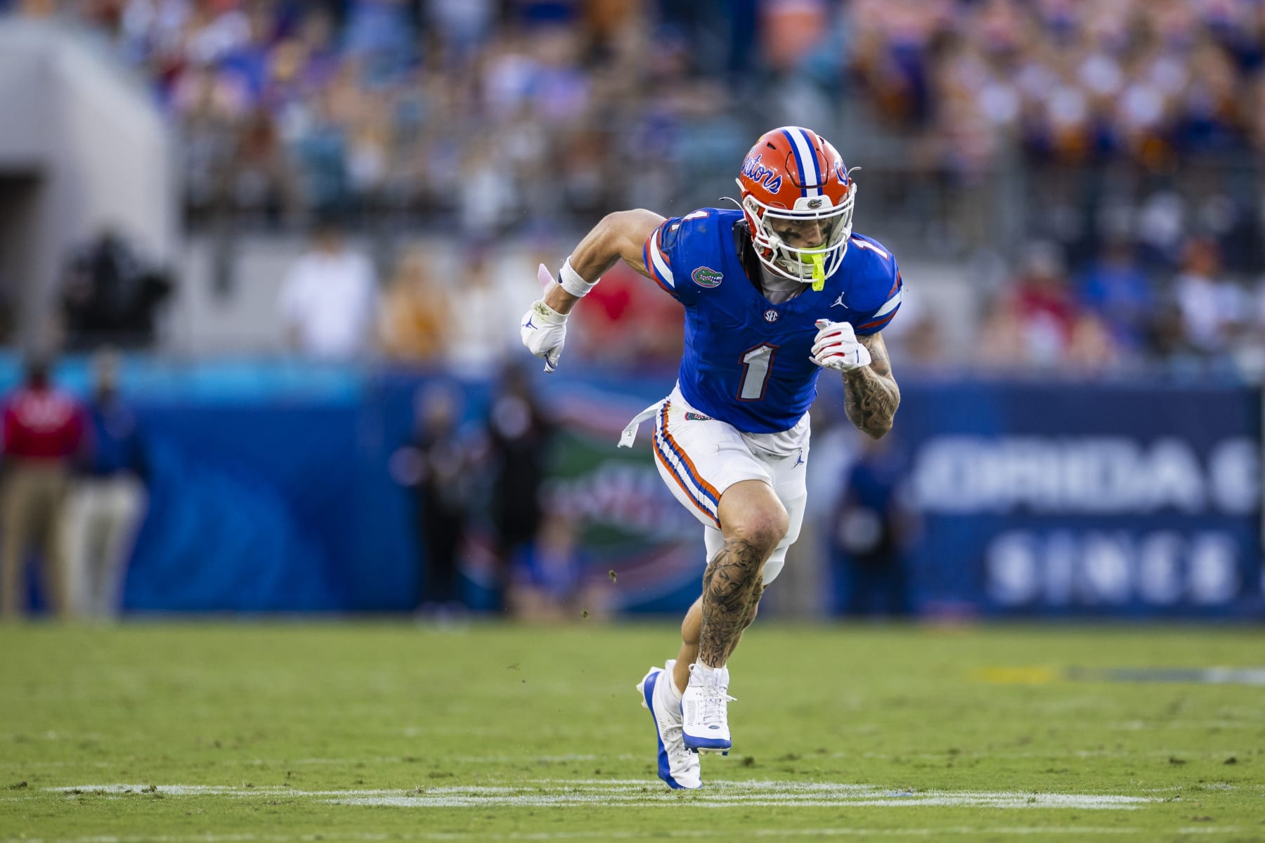 JACKSONVILLE, FLORIDA - OCTOBER 28: Ricky Pearsall #1 of the Florida Gators runs during the second half of a game against the Georgia Bulldogs at EverBank Stadium on October 28, 2023 in Jacksonville, Florida. (Photo by James Gilbert/Getty Images)