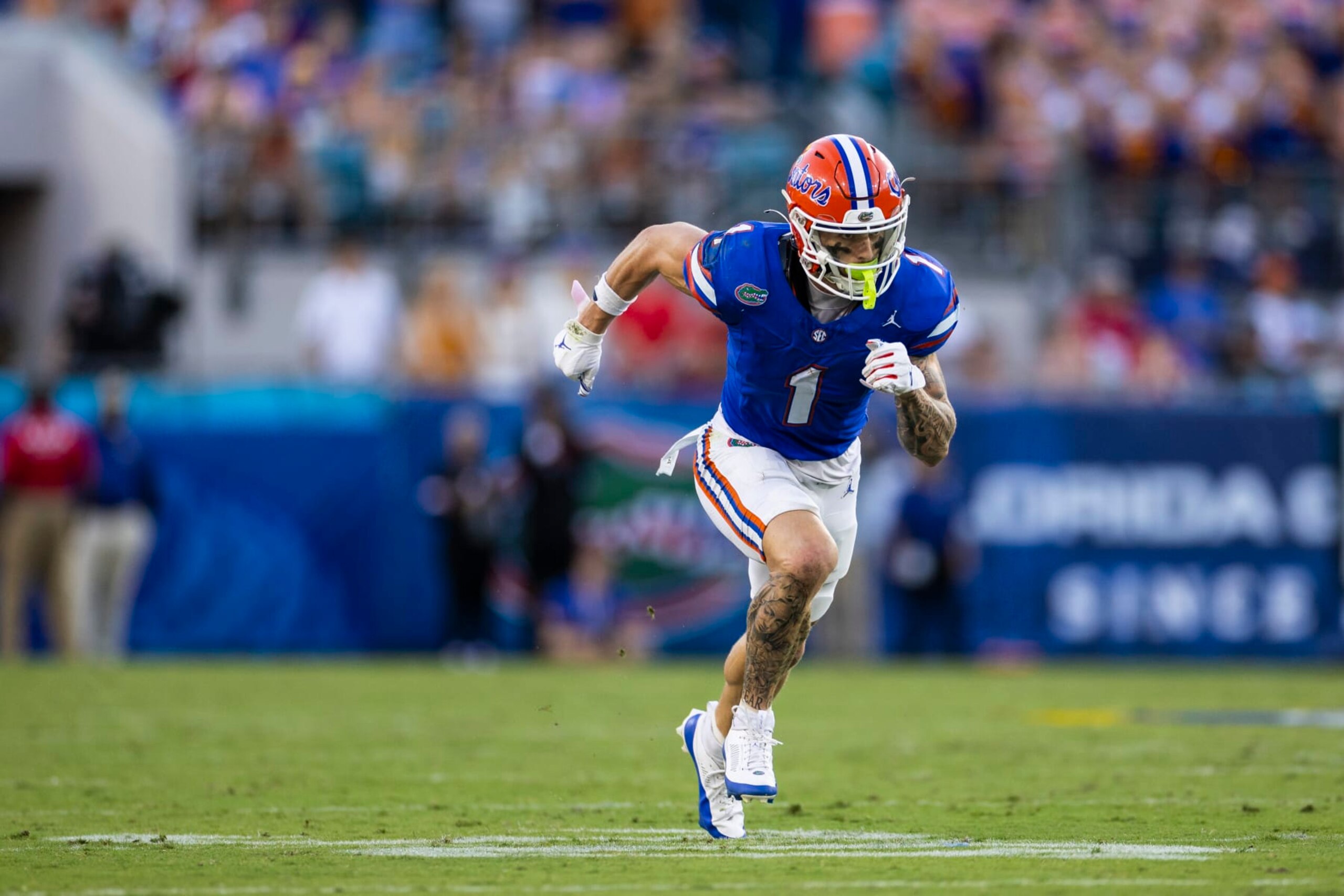JACKSONVILLE, FLORIDA - OCTOBER 28: Ricky Pearsall #1 of the Florida Gators runs during the second half of a game against the Georgia Bulldogs at EverBank Stadium on October 28, 2023 in Jacksonville, Florida. (Photo by James Gilbert/Getty Images)