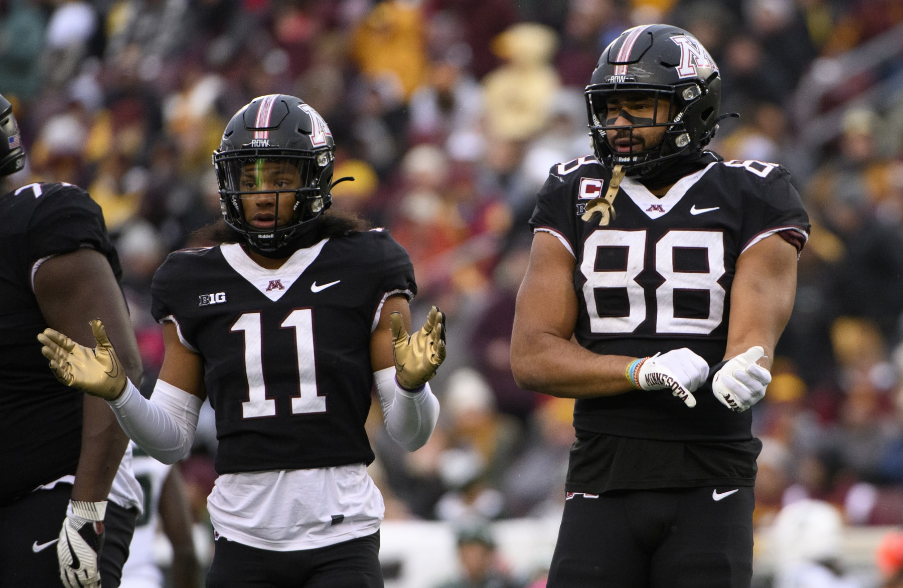 MINNEAPOLIS, MINNESOTA - OCTOBER 28: Brevyn Spann-Ford #88 of the Minnesota Golden Gophers looks on in the third quarter of the game against the Michigan State Spartans at Huntington Bank Stadium on October 28, 2023 in Minneapolis, Minnesota. (Photo by Stephen Maturen/Getty Images)