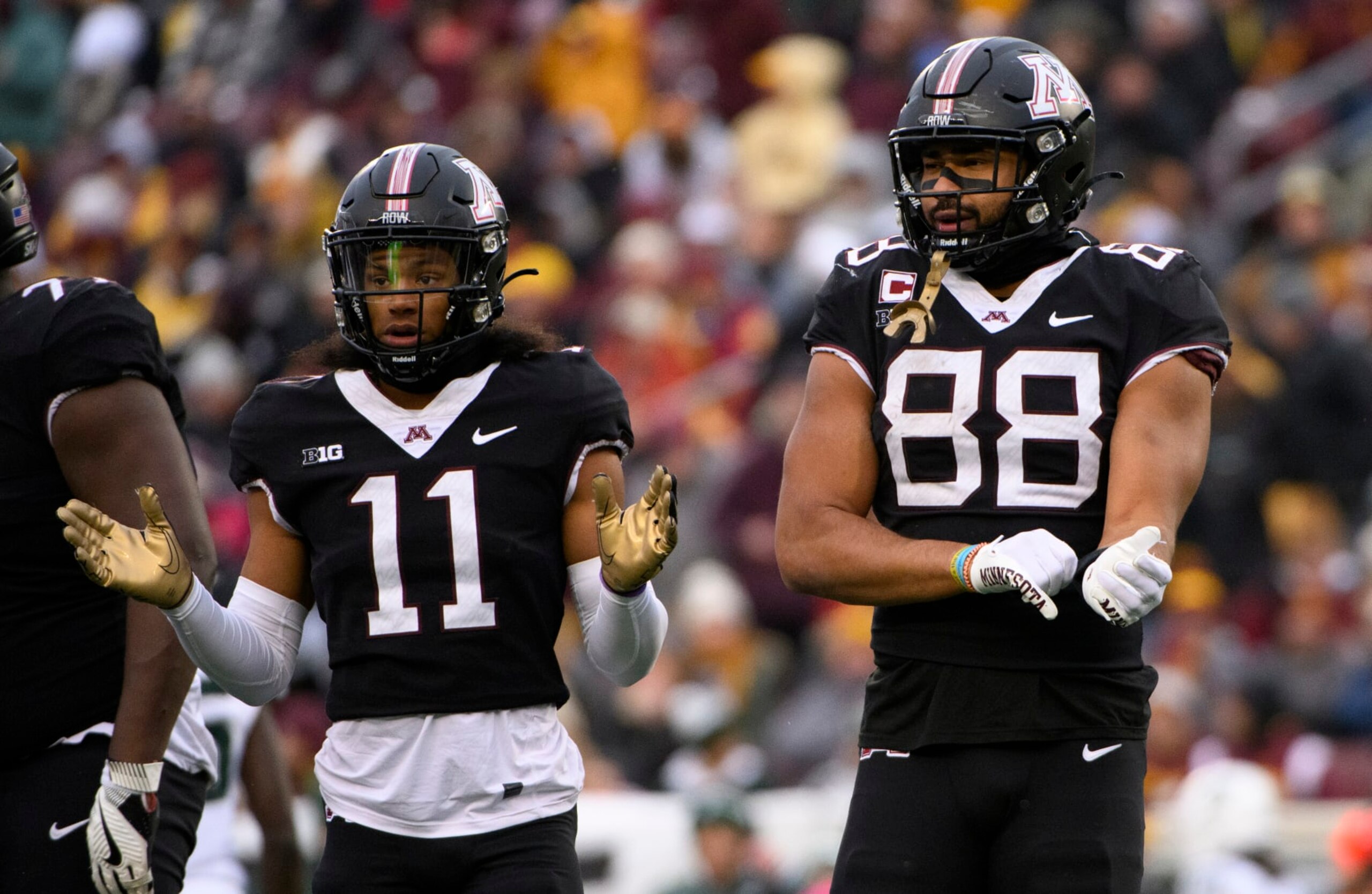MINNEAPOLIS, MINNESOTA - OCTOBER 28: Brevyn Spann-Ford #88 of the Minnesota Golden Gophers looks on in the third quarter of the game against the Michigan State Spartans at Huntington Bank Stadium on October 28, 2023 in Minneapolis, Minnesota. (Photo by Stephen Maturen/Getty Images)