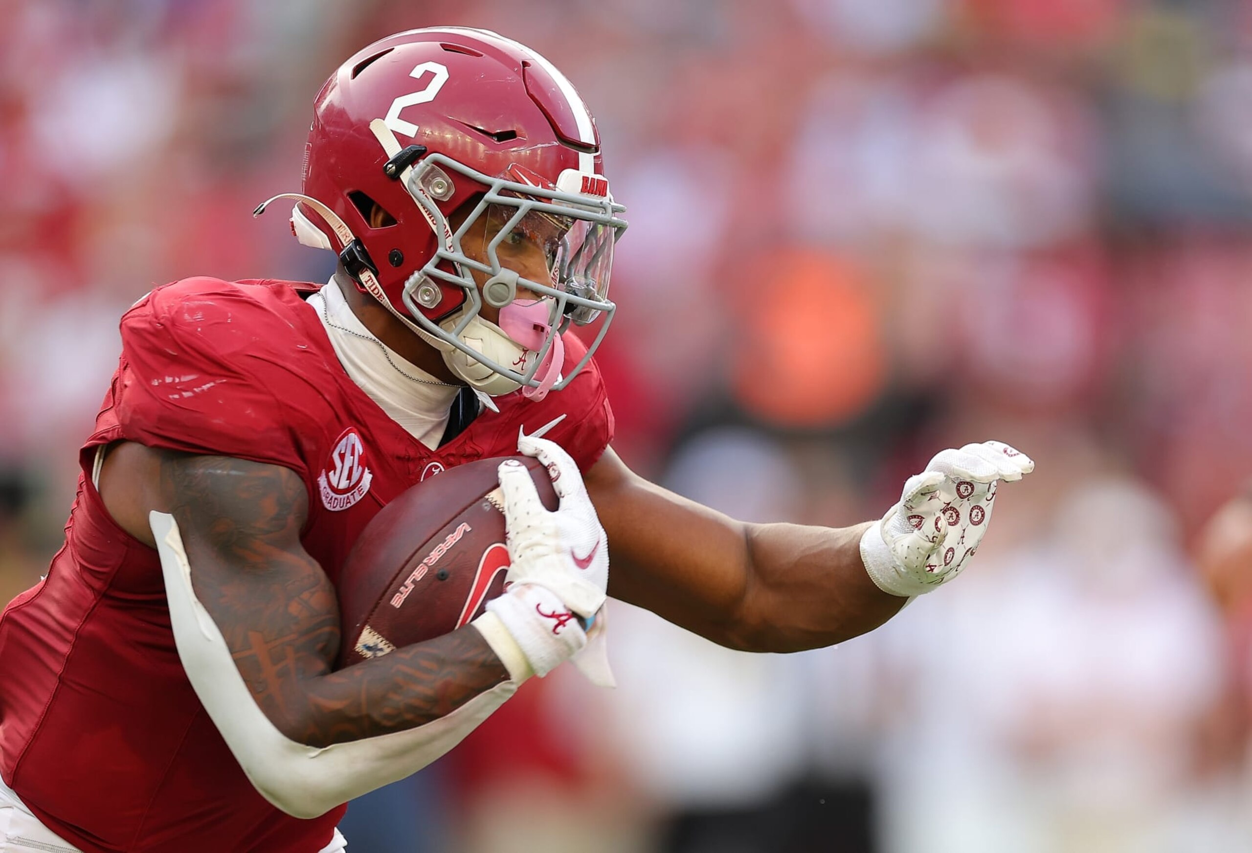 TUSCALOOSA, ALABAMA - OCTOBER 21:  Jase McClellan #2 of the Alabama Crimson Tide rushes against the Tennessee Volunteers during the fourth quarter at Bryant-Denny Stadium on October 21, 2023 in Tuscaloosa, Alabama. (Photo by Kevin C. Cox/Getty Images)