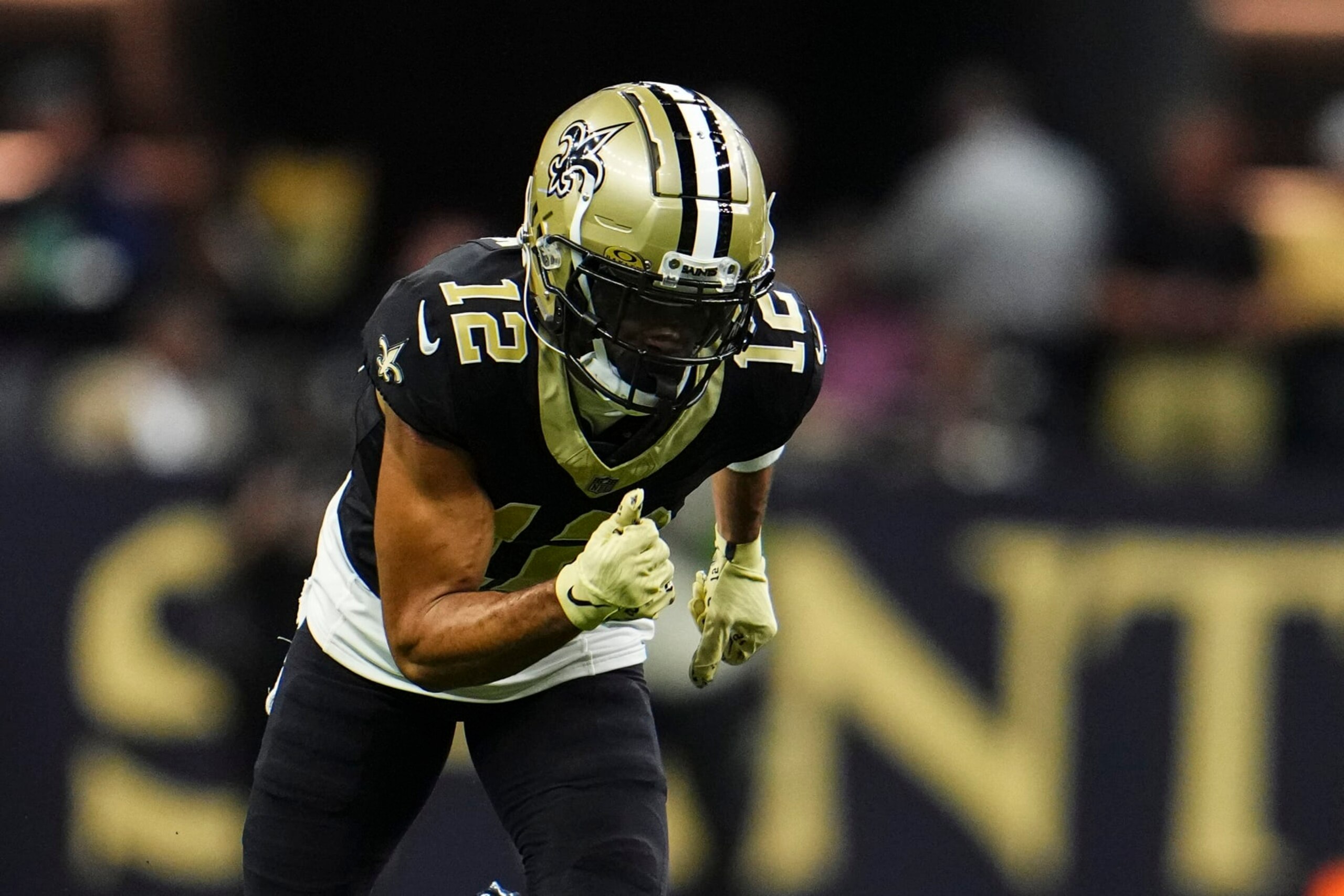 NEW ORLEANS, LA - OCTOBER 19: Chris Olave #12 of the New Orleans Saints runs a route during an NFL football game against the Jacksonville Jaguars at Caesars Superdome on October 19, 2023 in New Orleans, Louisiana. (Photo by Cooper Neill/Getty Images)