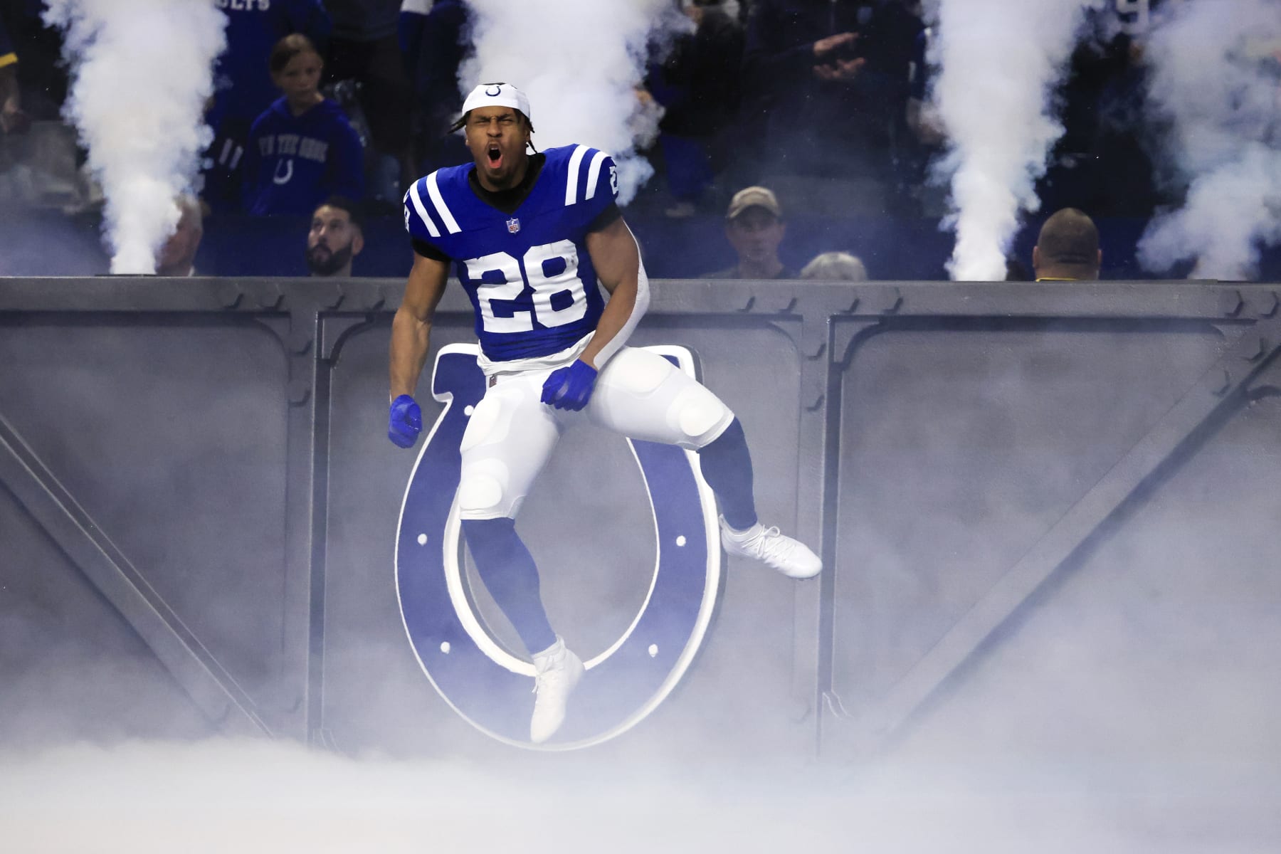 INDIANAPOLIS, INDIANA - OCTOBER 29: Jonathan Taylor #28 of the Indianapolis Colts jumps in the air while taking the field prior to a game against the New Orleans Saints at Lucas Oil Stadium on October 29, 2023 in Indianapolis, Indiana. (Photo by Justin Casterline/Getty Images)