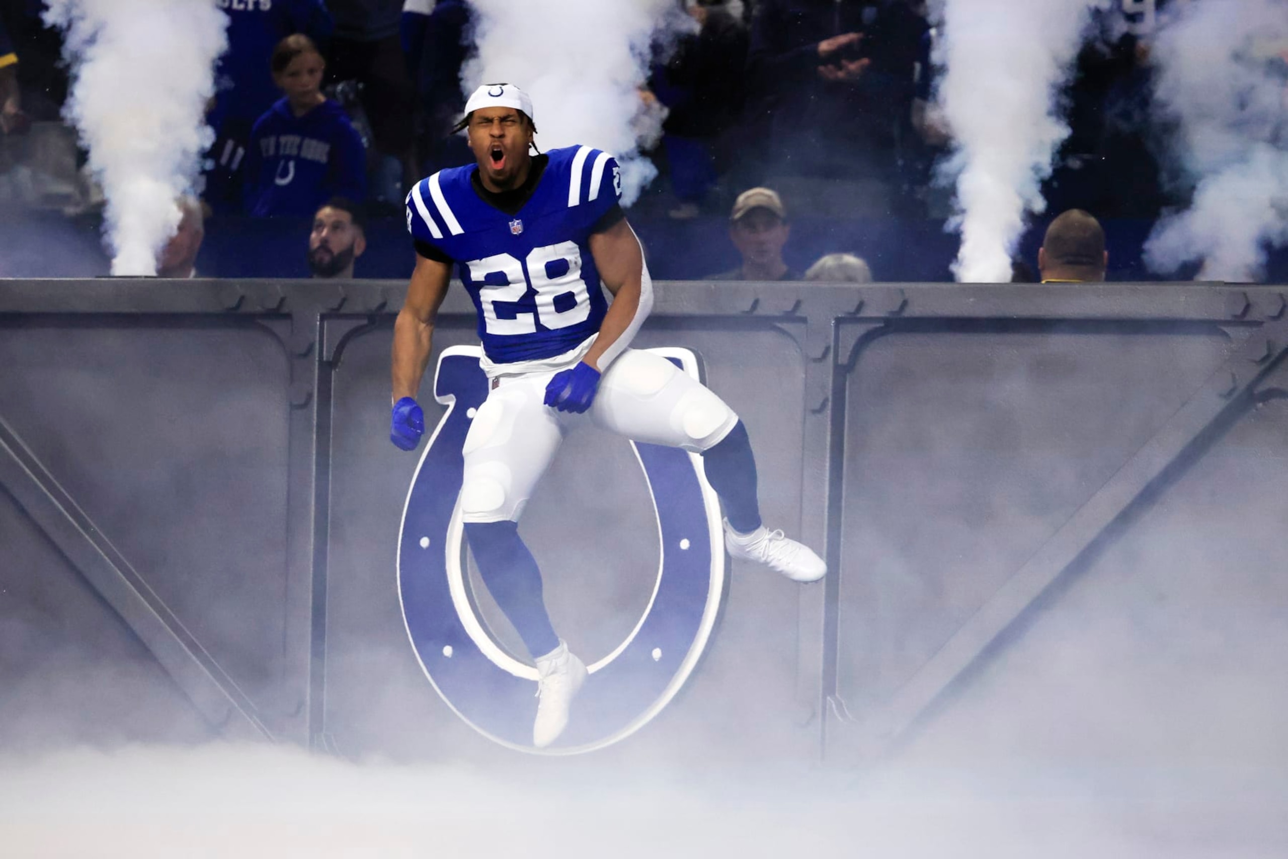 INDIANAPOLIS, INDIANA - OCTOBER 29: Jonathan Taylor #28 of the Indianapolis Colts jumps in the air while taking the field prior to a game against the New Orleans Saints at Lucas Oil Stadium on October 29, 2023 in Indianapolis, Indiana. (Photo by Justin Casterline/Getty Images)