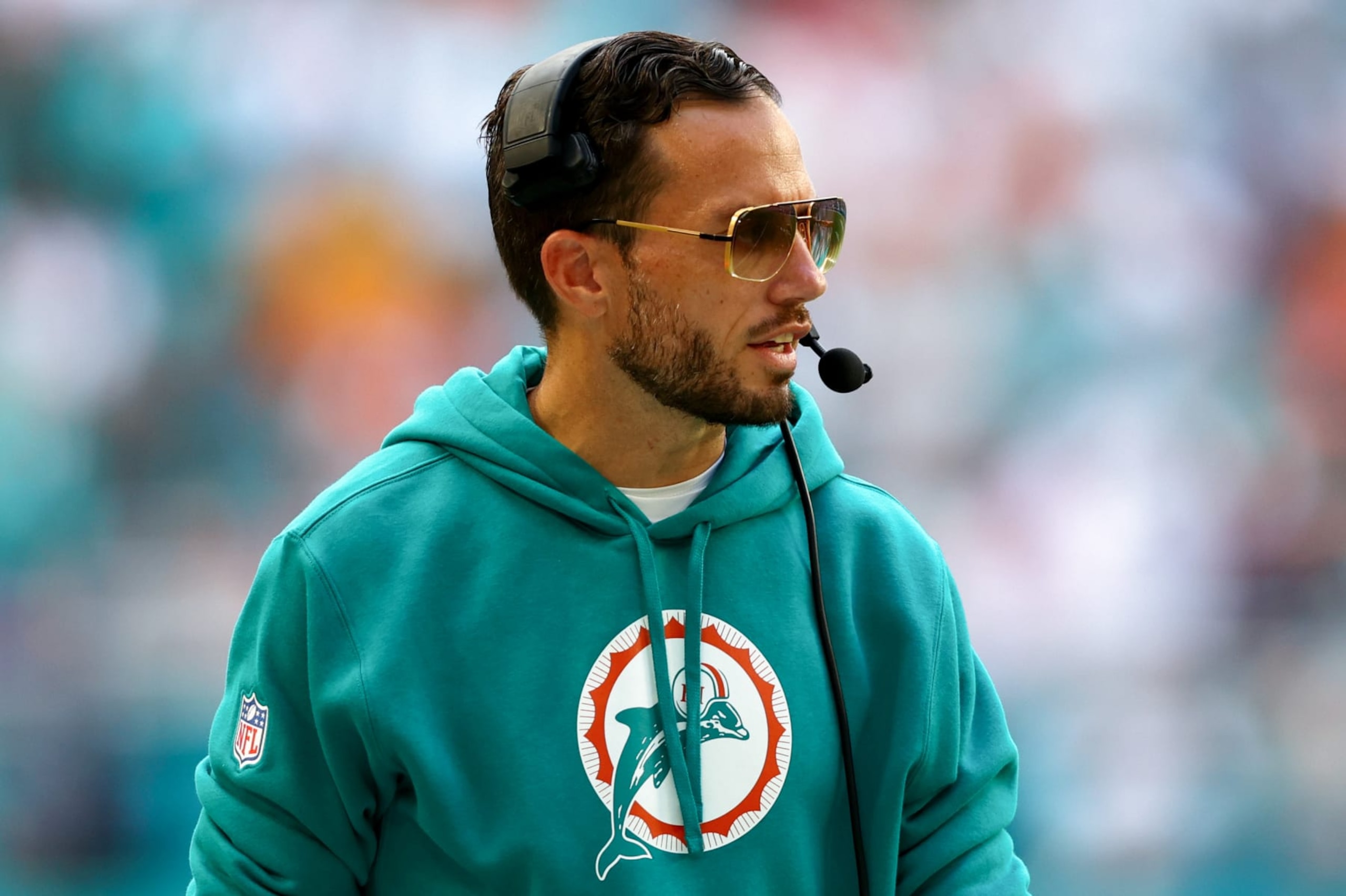 MIAMI GARDENS, FLORIDA - OCTOBER 29: Head coach Mike McDaniel of the Miami Dolphins looks on during the second half of the game against the New England Patriots at Hard Rock Stadium on October 29, 2023 in Miami Gardens, Florida. (Photo by Megan Briggs/Getty Images) MIAMI GARDENS, FLORIDA - OCTOBER 29: Head coach Mike McDaniel of the Miami Dolphins looks on during the second half of the game against the New England Patriots at Hard Rock Stadium on October 29, 2023 in Miami Gardens, Florida. (Photo by Megan Briggs/Getty Images)