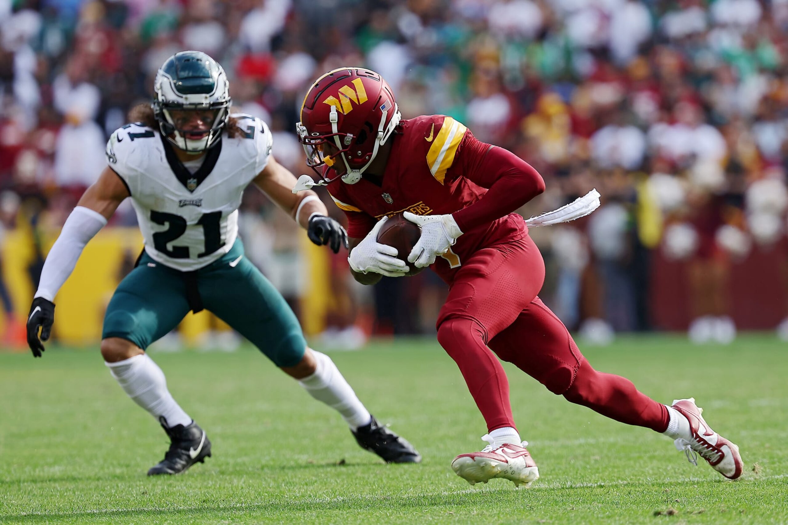 LANDOVER, MARYLAND - OCTOBER 29: Jahan Dotson #1 of the Washington Commanders runs with a reception in the third quarter of a game against the Philadelphia Eagles at FedExField on October 29, 2023 in Landover, Maryland. (Photo by Patrick Smith/Getty Images)