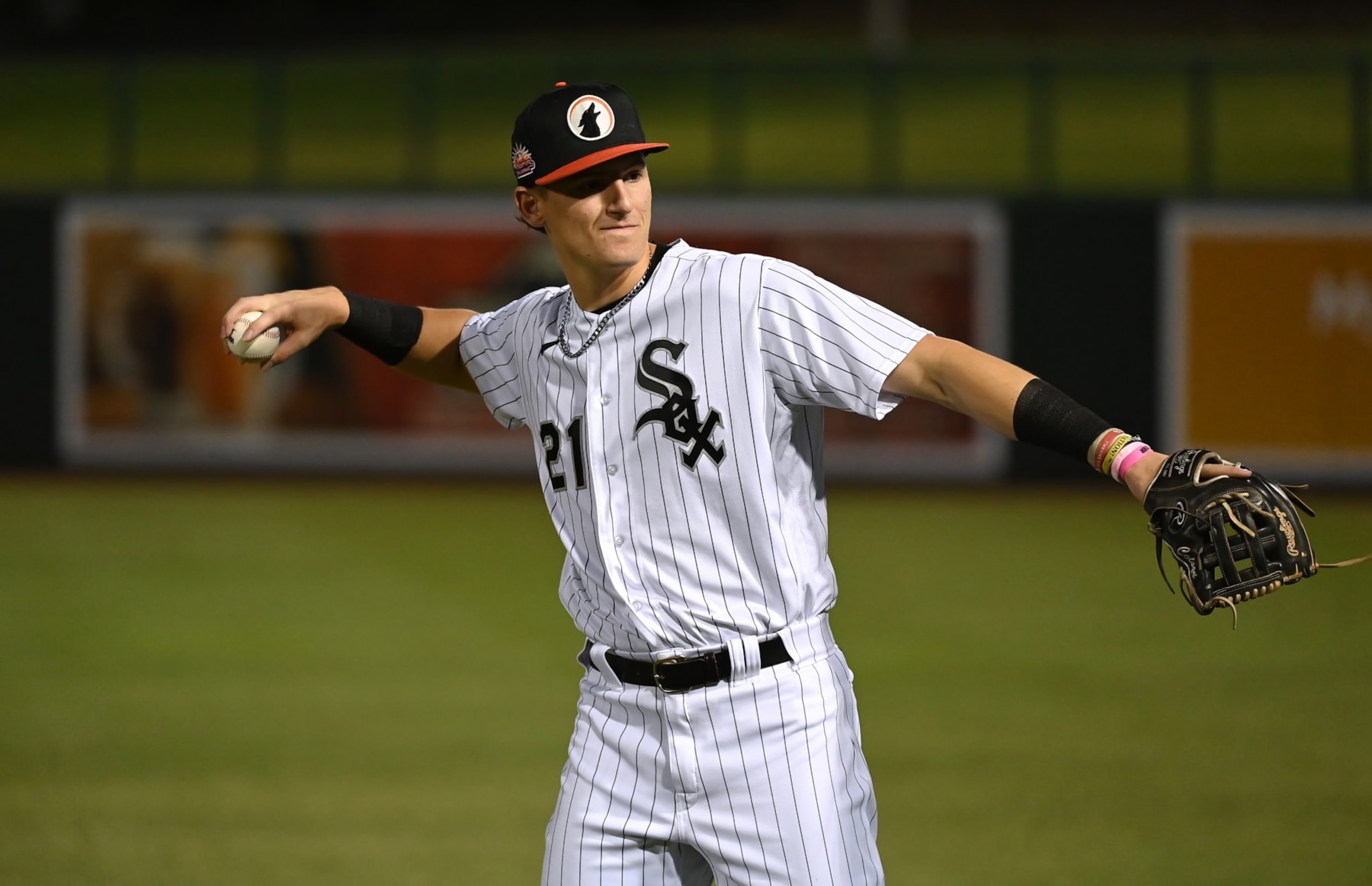 GLENDALE, AZ - OCTOBER 12: Colson Montgomery #21 of the Glendale Desert Dogs prepares before during the game between the Scottsdale Scorpions and the Glendale Desert Dogs at Camelback Ranch on Thursday, October 12, 2023 in Glendale, Arizona. (Photo by Norm Hall/MLB Photos via Getty Images)