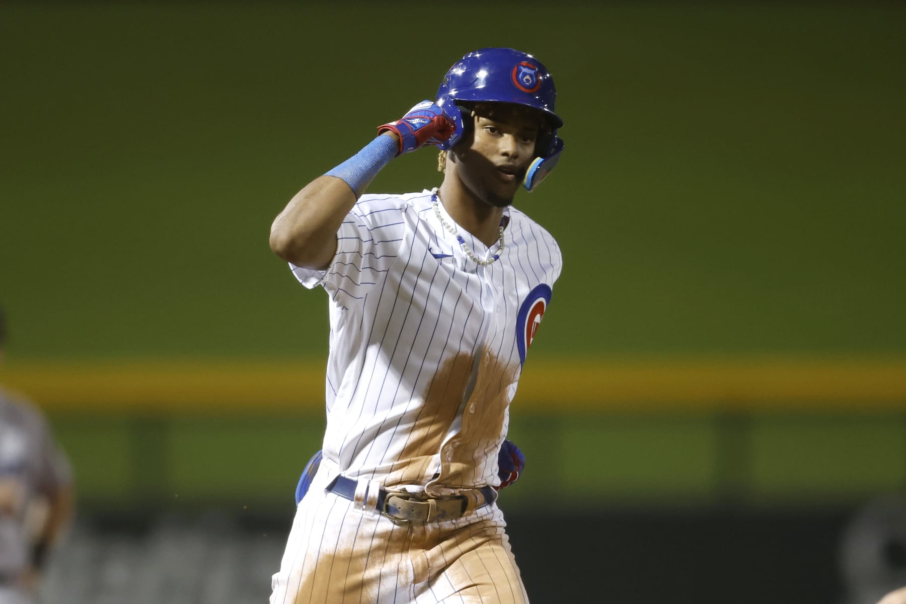 MESA, AZ - OCTOBER 04: Kevin Alcantara #22 of the Mesa Solar Sox reacts after hitting a home run during the game between the Peoria Javelinas and the Mesa Solar Sox at Sloan Park on Wednesday, October 4, 2023 in Mesa, Arizona. (Photo by Chris Coduto/MLB Photos via Getty Images)