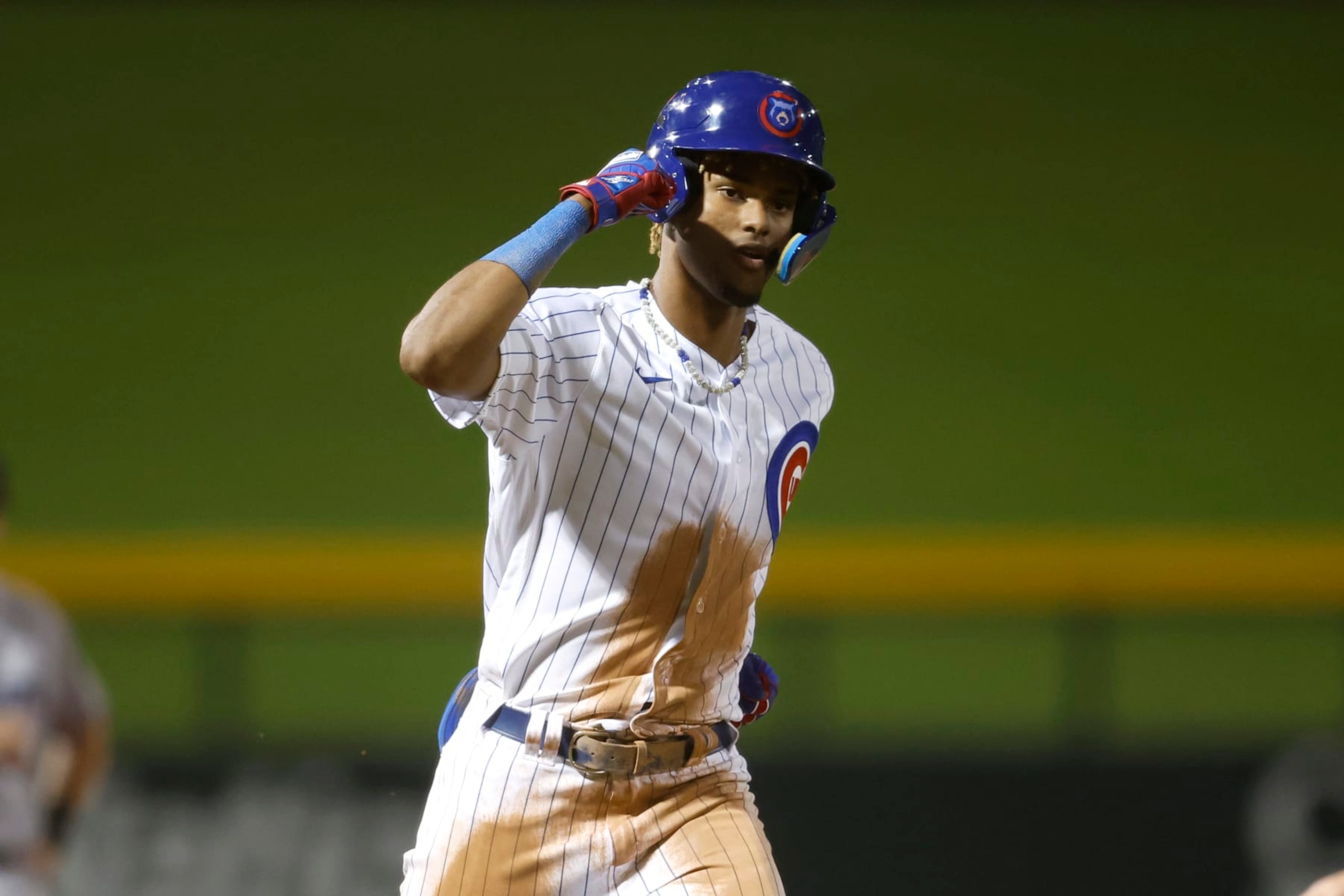 MESA, AZ - OCTOBER 04: Kevin Alcantara #22 of the Mesa Solar Sox reacts after hitting a home run during the game between the Peoria Javelinas and the Mesa Solar Sox at Sloan Park on Wednesday, October 4, 2023 in Mesa, Arizona. (Photo by Chris Coduto/MLB Photos via Getty Images)