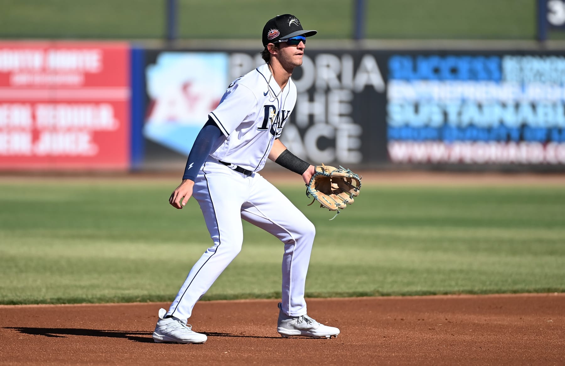 PEORIA , AZ - OCTOBER 18: Carson Williams #8 of the Peoria Javelinas fields during the game between the Salt River Rafters and the Peoria Javelinas at Peoria Sports Complex on Wednesday, October 18, 2023 in Peoria , Arizona. (Photo by Norm Hall/MLB Photos via Getty Images)