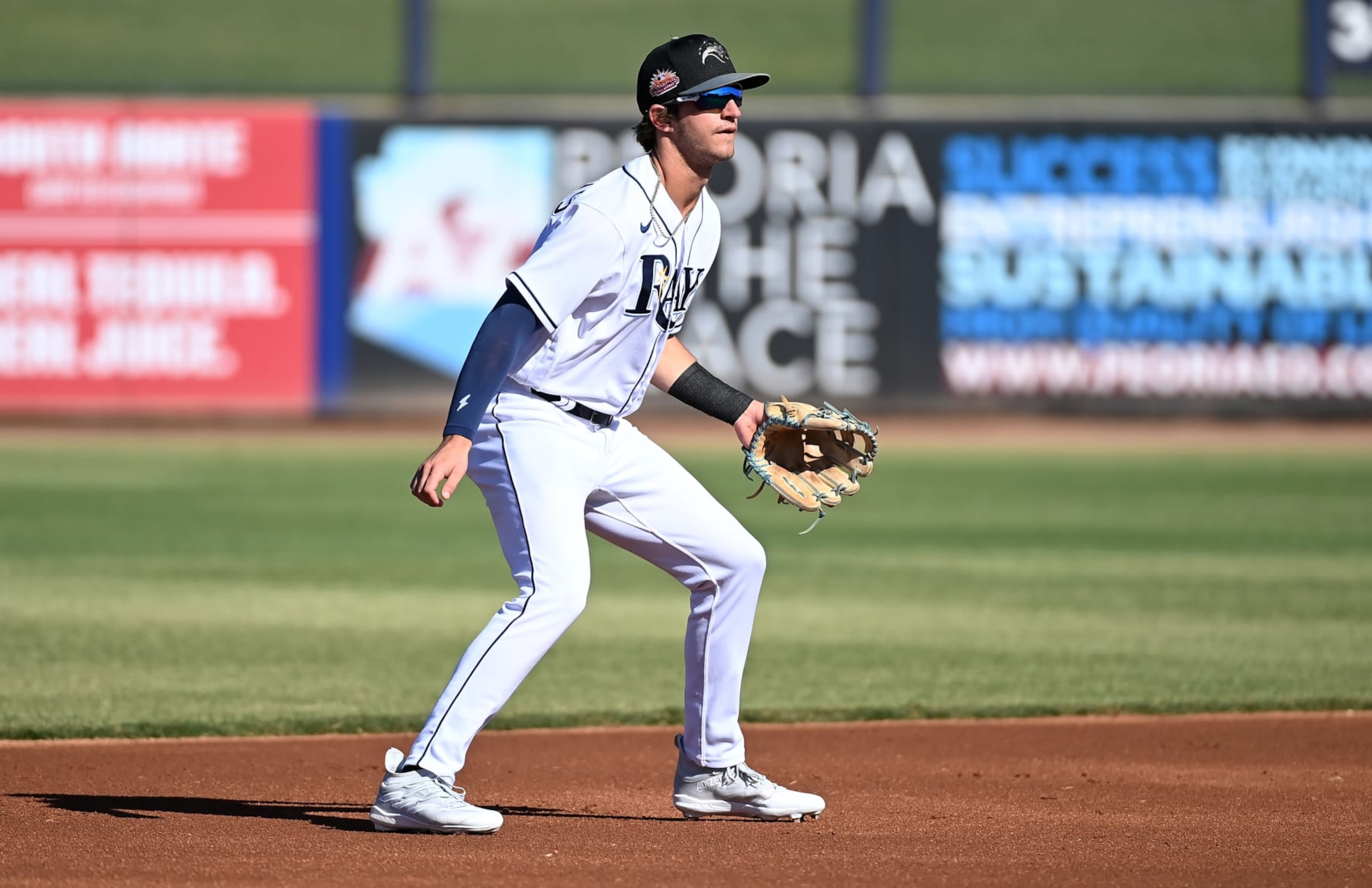 PEORIA , AZ - OCTOBER 18: Carson Williams #8 of the Peoria Javelinas fields during the game between the Salt River Rafters and the Peoria Javelinas at Peoria Sports Complex on Wednesday, October 18, 2023 in Peoria , Arizona. (Photo by Norm Hall/MLB Photos via Getty Images)