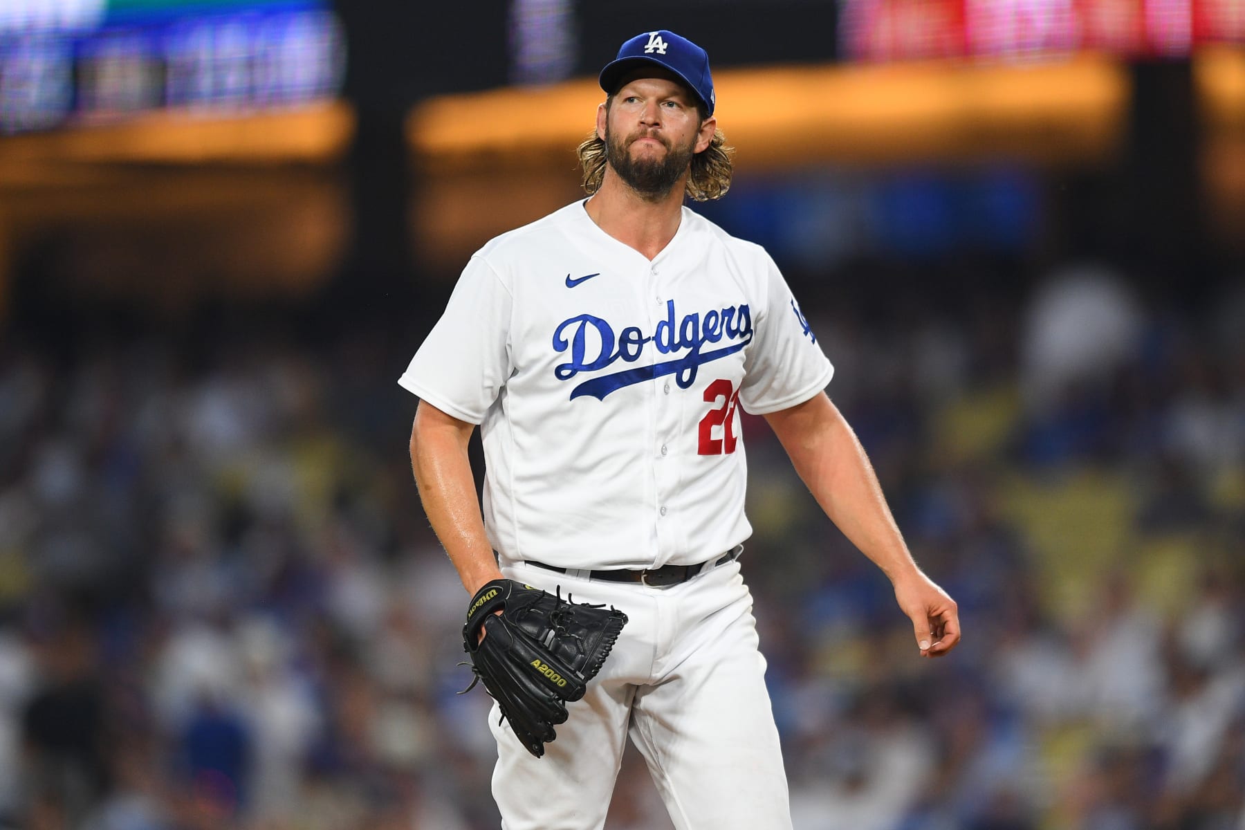 LOS ANGELES, CA - OCTOBER 07: Los Angeles Dodgers pitcher Clayton Kershaw (22) looks on during the MLB NLDS Game 1 between the Arizona Diamondbacks and the Los Angeles Dodgers on October 7, 2023 at Dodger Stadium in Los Angeles, CA. (Photo by Brian Rothmuller/Icon Sportswire via Getty Images)