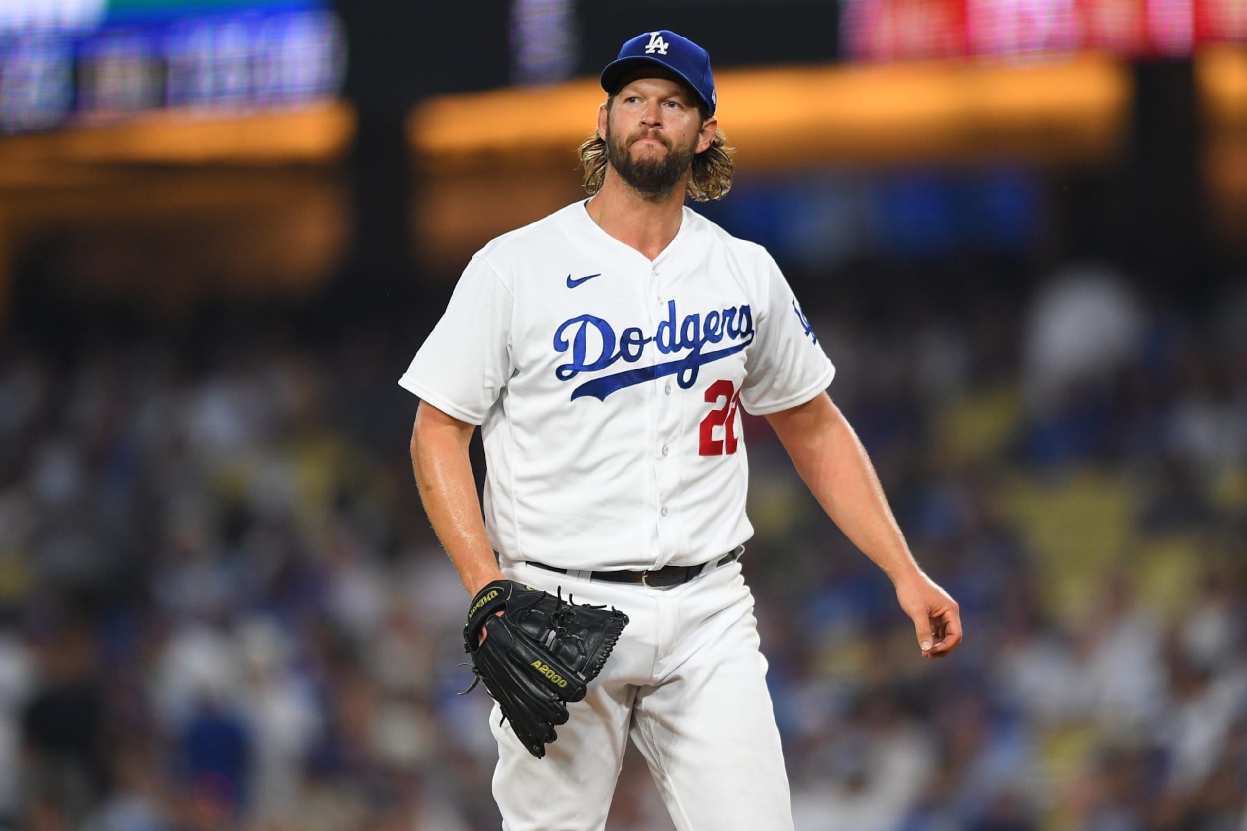LOS ANGELES, CA - OCTOBER 07: Los Angeles Dodgers pitcher Clayton Kershaw (22) looks on during the MLB NLDS Game 1 between the Arizona Diamondbacks and the Los Angeles Dodgers on October 7, 2023 at Dodger Stadium in Los Angeles, CA. (Photo by Brian Rothmuller/Icon Sportswire via Getty Images)