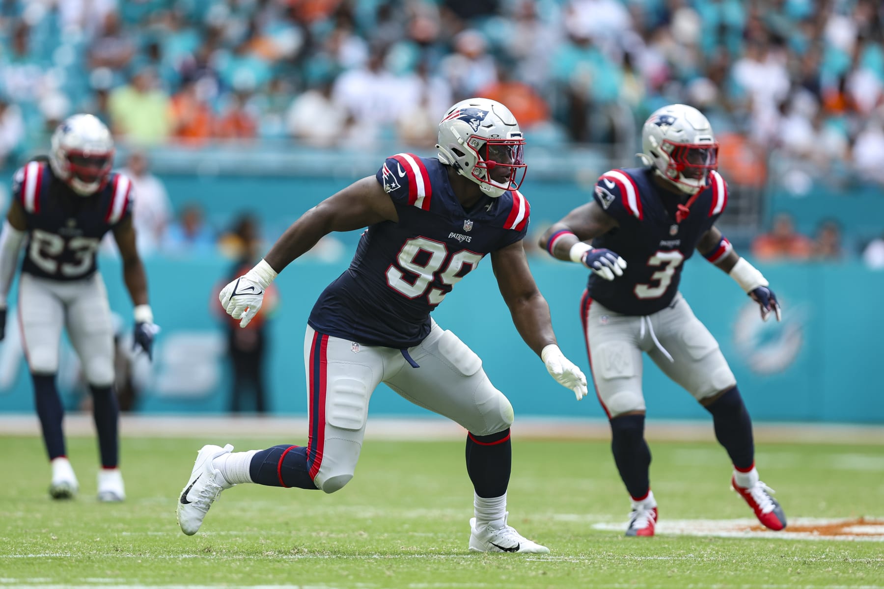 MIAMI GARDENS, FL - OCTOBER 29: Keion White #99 of the New England Patriots defends in coverage during an NFL football game against the Miami Dolphins at Hard Rock Stadium on October 29, 2023 in Miami Gardens, Florida. (Photo by Perry Knotts/Getty Images)