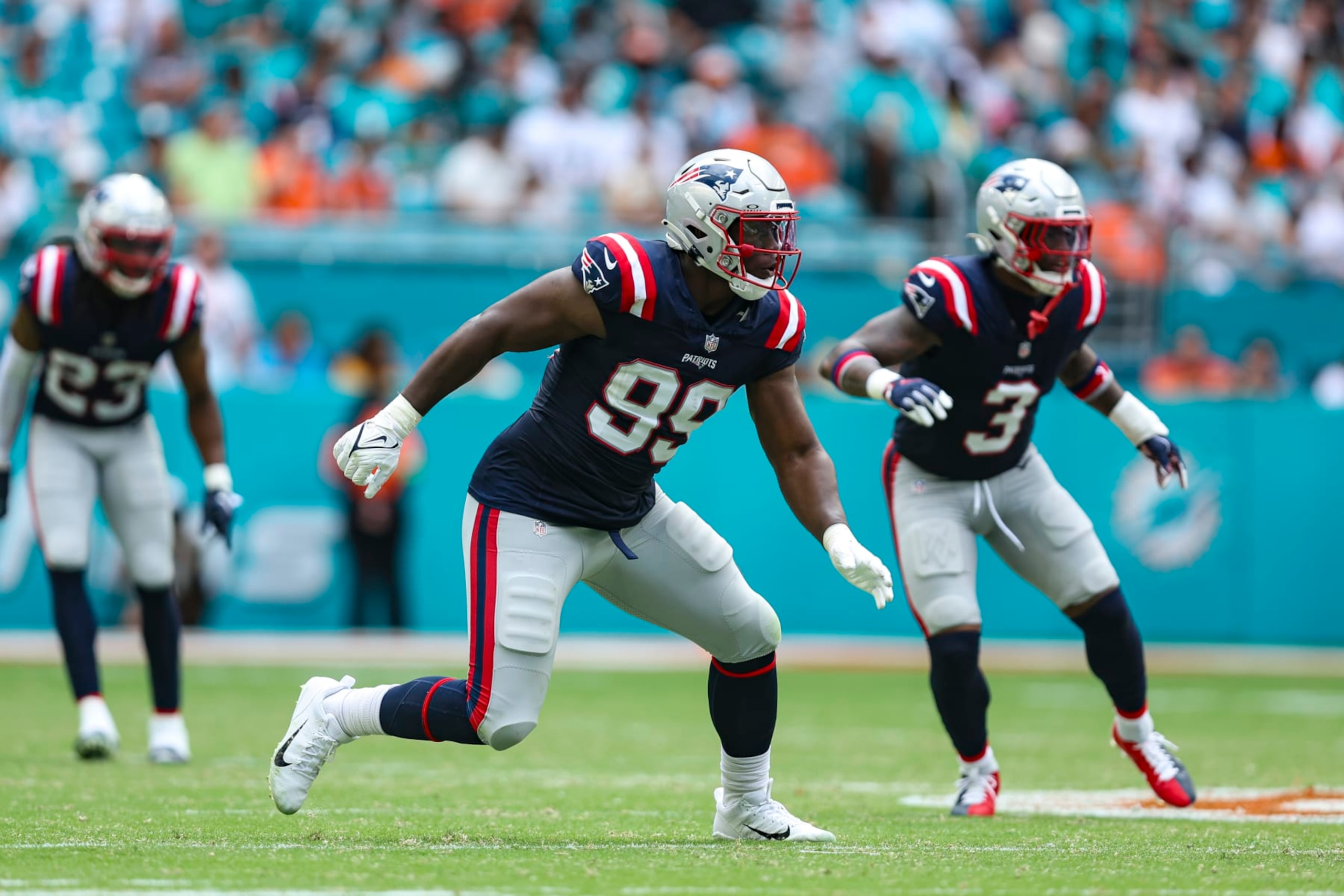 MIAMI GARDENS, FL - OCTOBER 29: Keion White #99 of the New England Patriots defends in coverage during an NFL football game against the Miami Dolphins at Hard Rock Stadium on October 29, 2023 in Miami Gardens, Florida. (Photo by Perry Knotts/Getty Images)