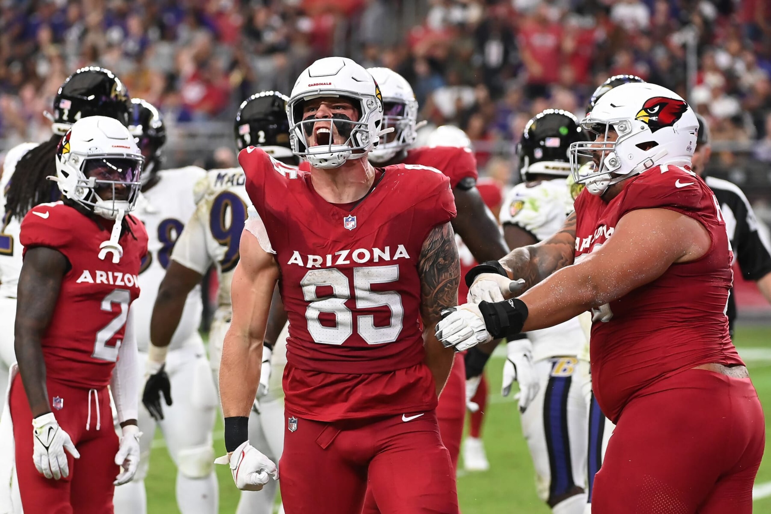 GLENDALE, ARIZONA - OCTOBER 29: Trey McBride #85 of the Arizona Cardinals celebrates after a receiving touchdown during the fourth quarter against the Baltimore Ravens at State Farm Stadium on October 29, 2023 in Glendale, Arizona. (Photo by Norm Hall/Getty Images)