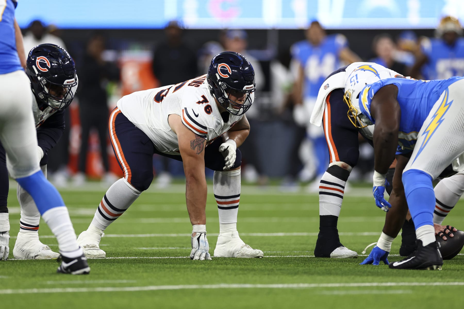 INGLEWOOD, CA - OCTOBER 29: Teven Jenkins #76 of the Chicago Bears lines up before a play during an NFL football game against the Los Angeles Chargers at SoFi Stadium on October 29, 2023 in Inglewood, California. (Photo by Kevin Sabitus/Getty Images)