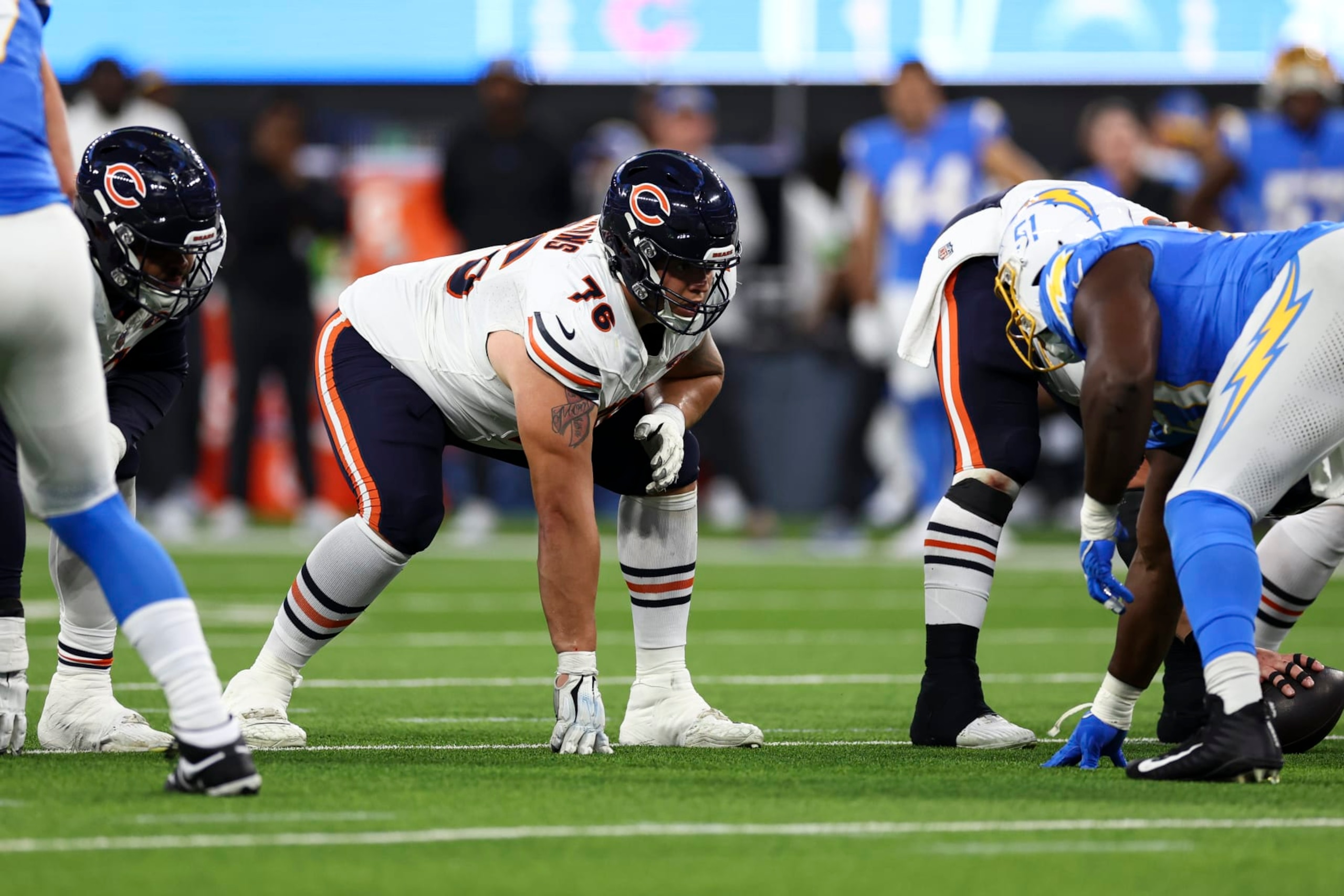 INGLEWOOD, CA - OCTOBER 29: Teven Jenkins #76 of the Chicago Bears lines up before a play during an NFL football game against the Los Angeles Chargers at SoFi Stadium on October 29, 2023 in Inglewood, California. (Photo by Kevin Sabitus/Getty Images)