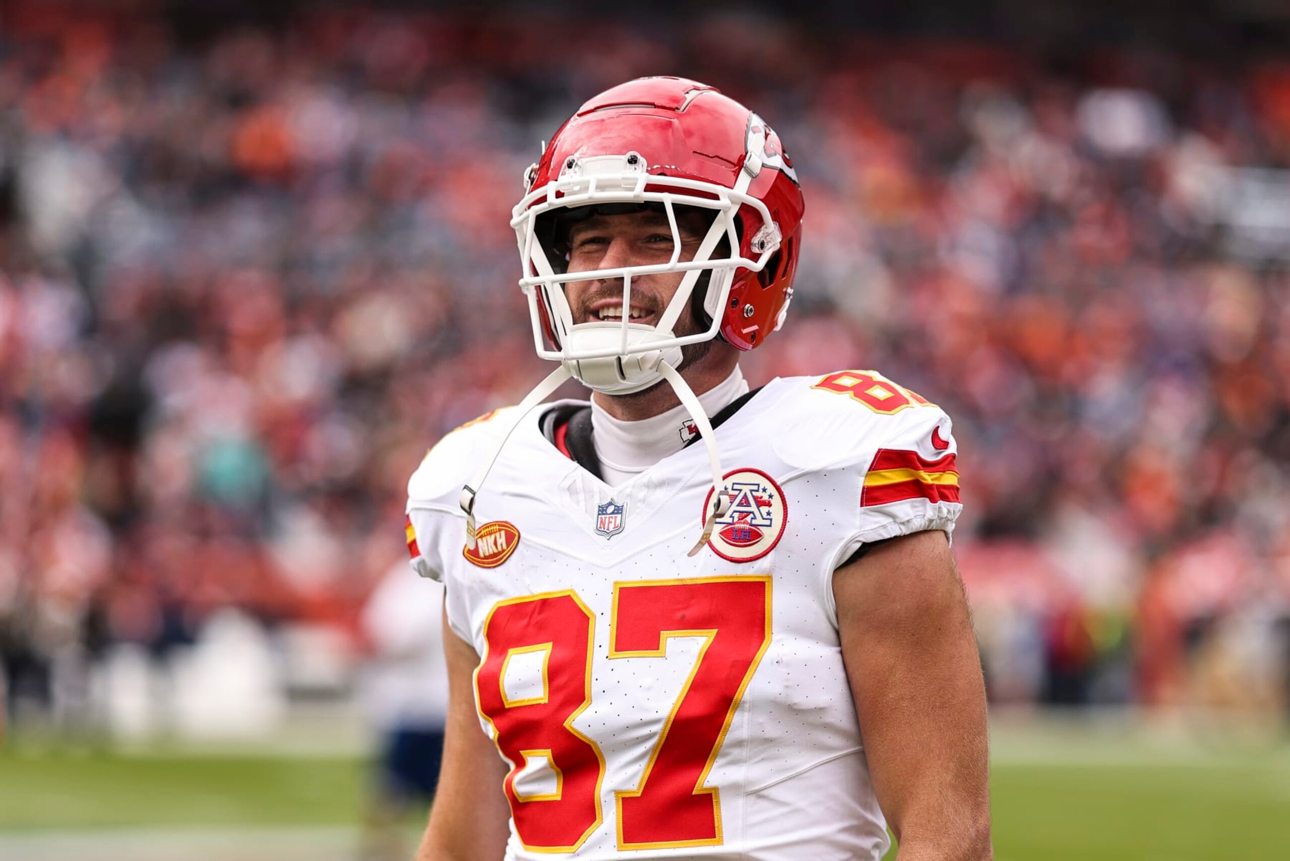 DENVER, COLORADO - OCTOBER 29: Travis Kelce #87 of the Kansas City Chiefs reacts prior to an NFL football game between the Denver Broncos and the Kansas City Chiefs at Empower Field At Mile High on October 29, 2023 in Denver, Colorado. (Photo by Michael Owens/Getty Images) DENVER, COLORADO - OCTOBER 29: Travis Kelce #87 of the Kansas City Chiefs reacts prior to an NFL football game between the Denver Broncos and the Kansas City Chiefs at Empower Field At Mile High on October 29, 2023 in Denver, Colorado. (Photo by Michael Owens/Getty Images)