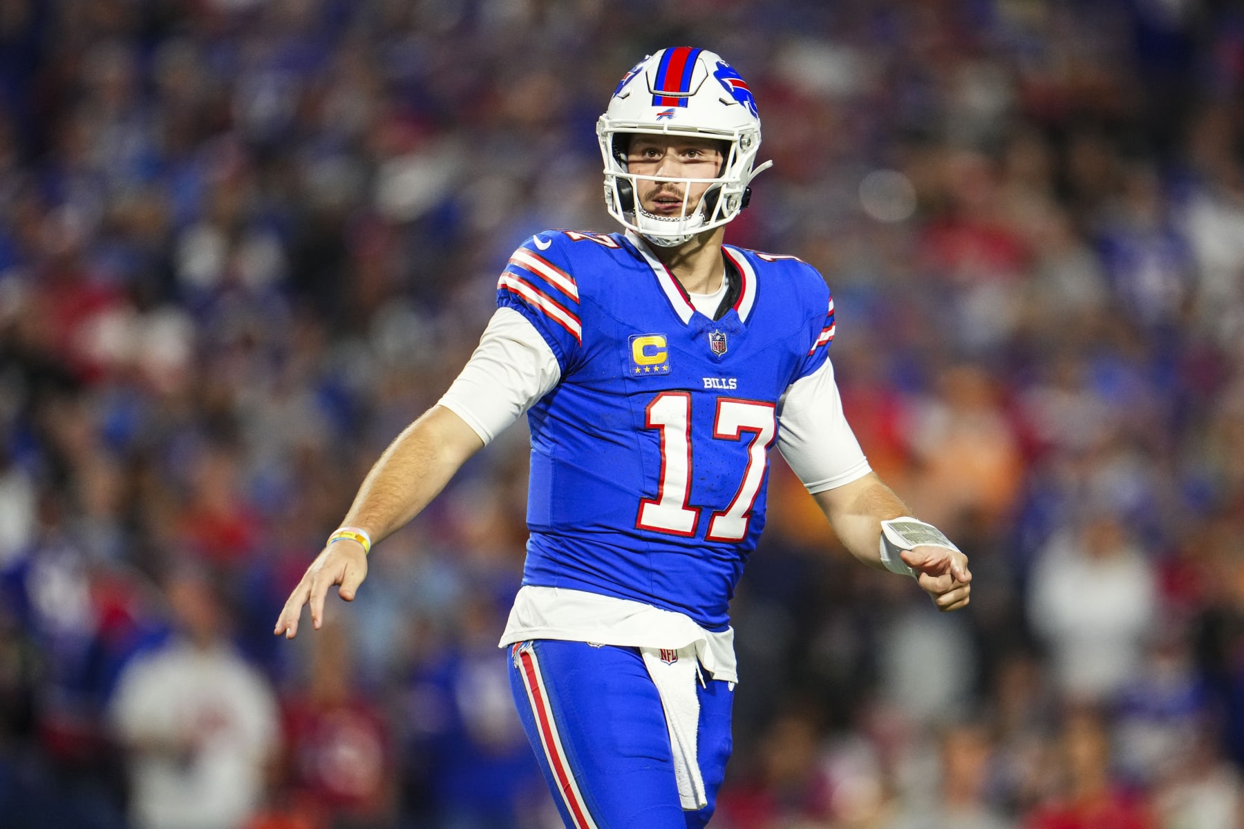 ORCHARD PARK, NY - OCTOBER 26: Josh Allen #17 of the Buffalo Bills looks on from the field during an NFL football game against the Tampa Bay Buccaneers at Highmark Stadium on October 26, 2023 in Orchard Park, New York. (Photo by Cooper Neill/Getty Images)