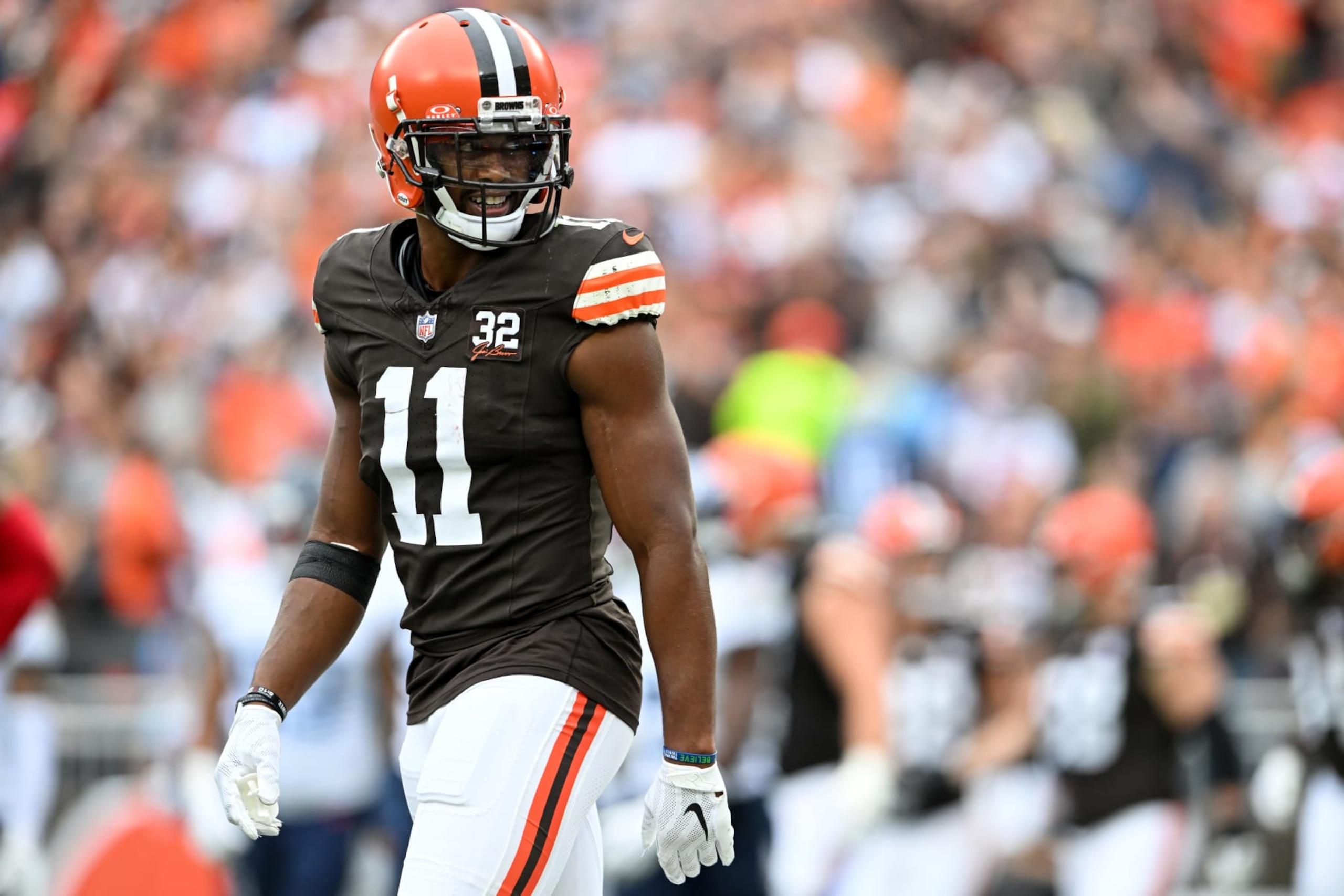 CLEVELAND, OHIO - SEPTEMBER 24: Donovan Peoples-Jones #11 of the Cleveland Browns celebrates a 3-yard touchdown run by Jerome Ford during the second half against the Tennessee Titans at Cleveland Browns Stadium on September 24, 2023 in Cleveland, Ohio. (Photo by Nick Cammett/Diamond Images via Getty Images)