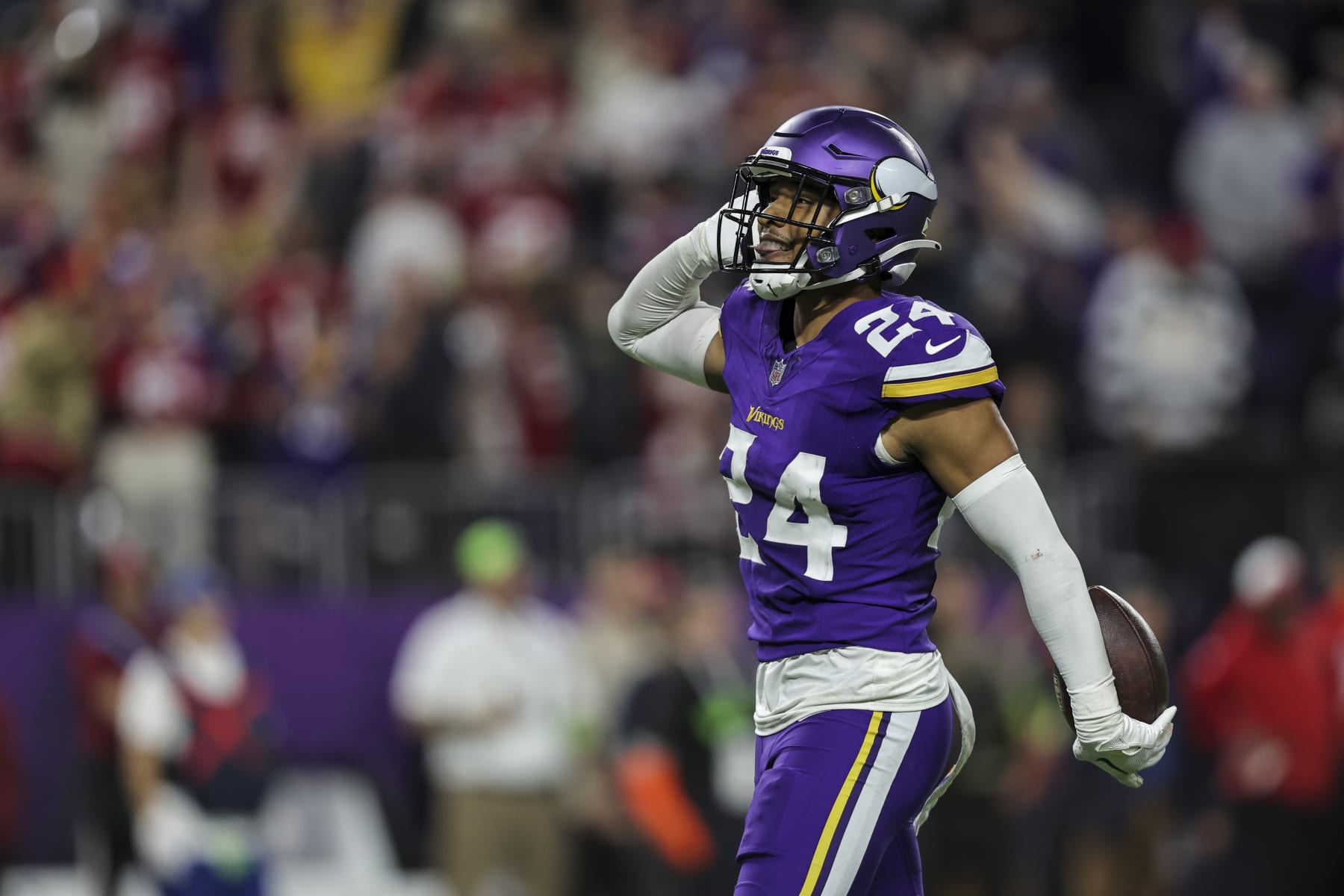 MINNEAPOLIS, MINNESOTA - OCTOBER 23: Camryn Bynum #24 of the Minnesota Vikings celebrates after intercepting a pass during an NFL football game between the Minnesota Vikings and the San Francisco 49ers at U.S. Bank Stadium on October 23, 2023 in Minneapolis, Minnesota. (Photo by Michael Owens/2023 Michael Owens)